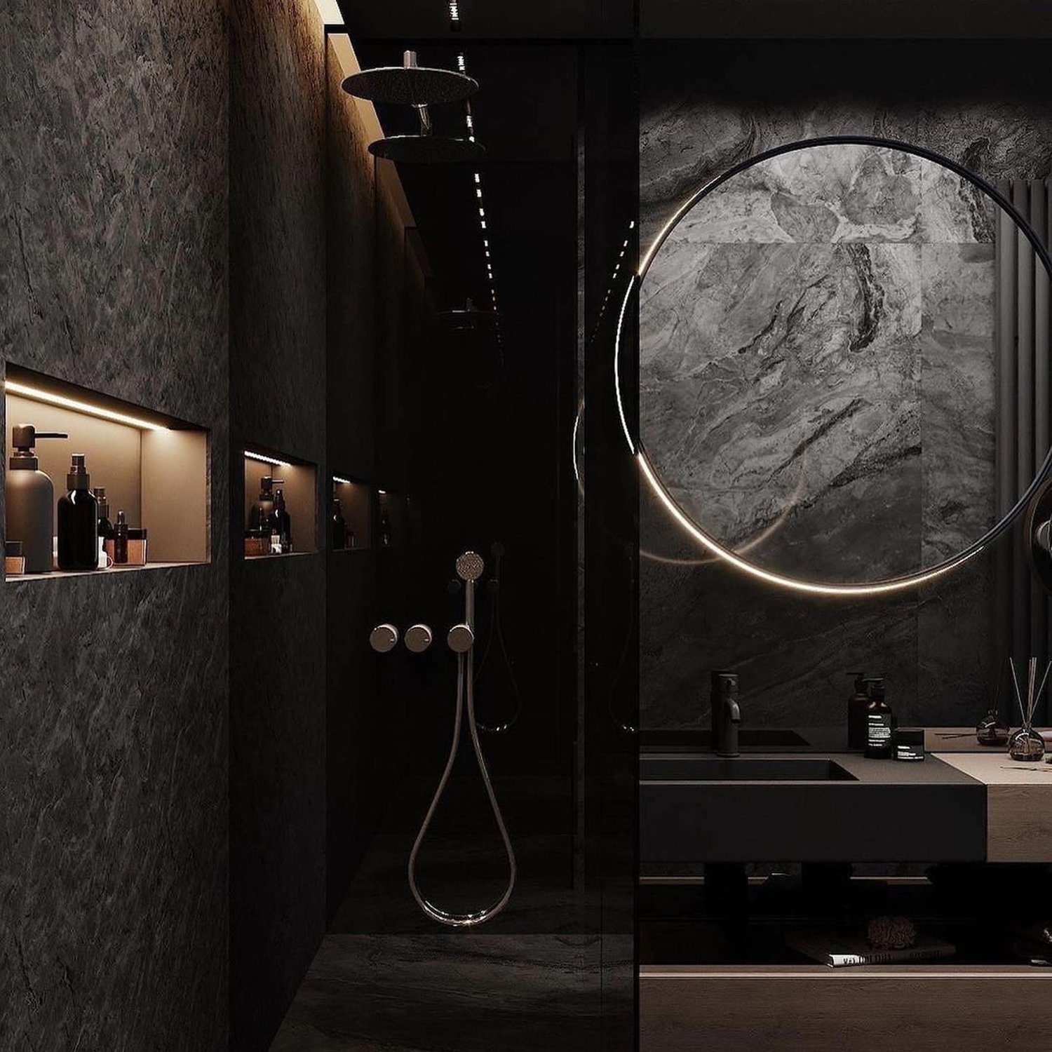 Stylish modern bathroom with sophisticated dark tones