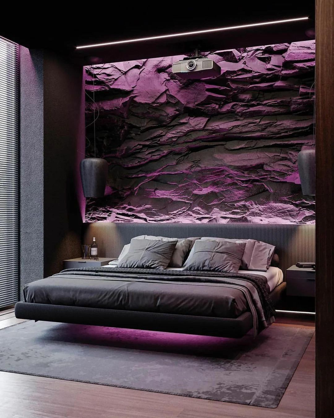 Stylish Modern Bedroom with Dimly Lit Purple Accent Wall