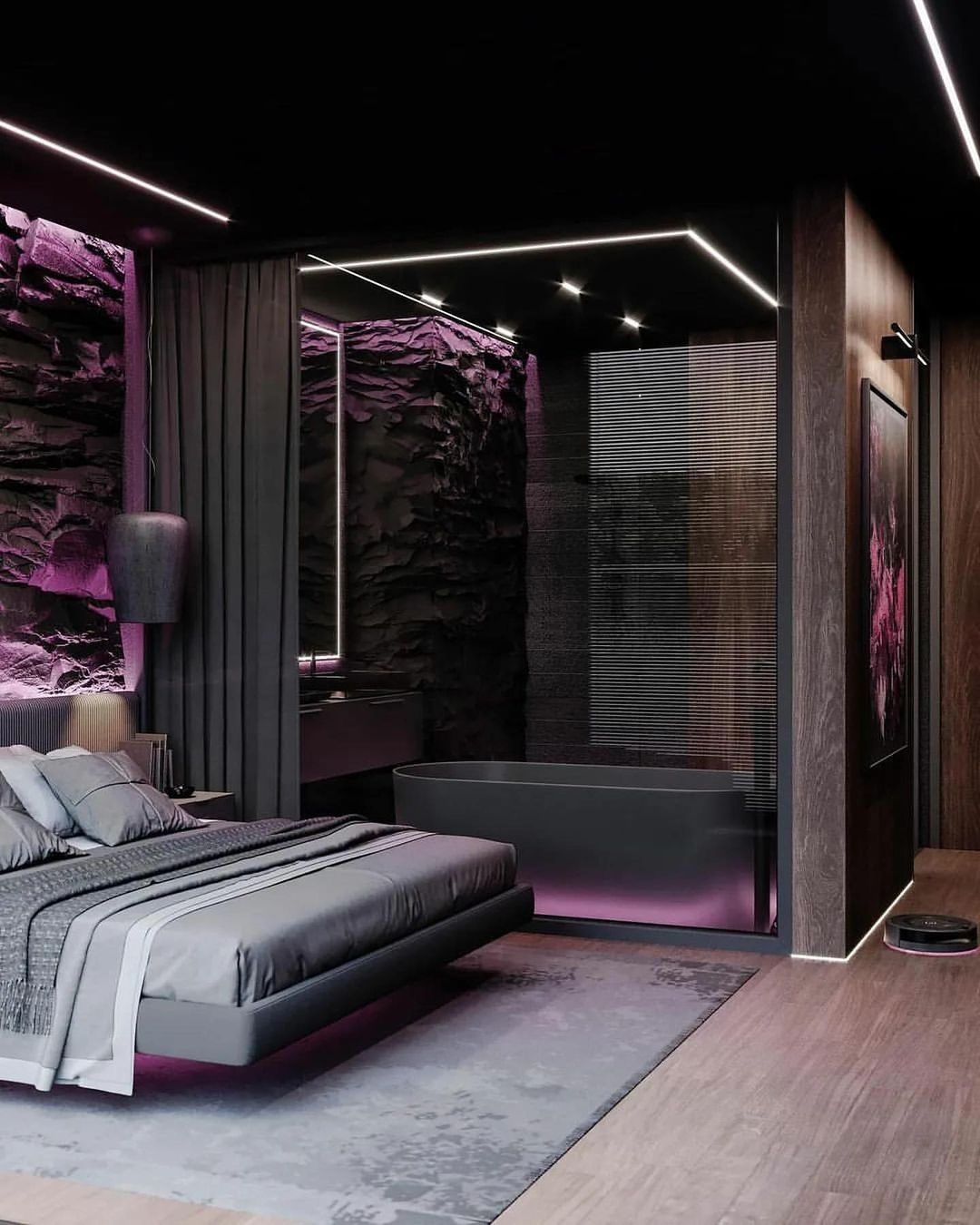 Stylish modern bedroom with purple lighting accents