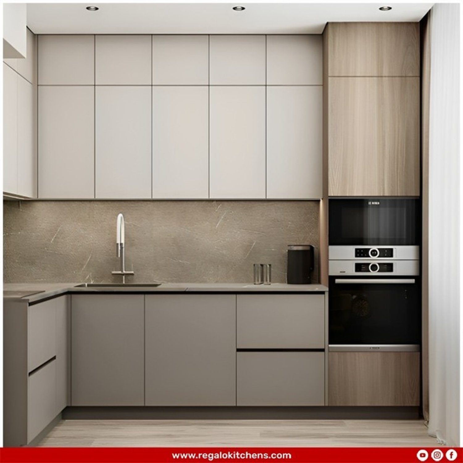 Elegant modern kitchen featuring a combination of sleek grey cabinets, warm wooden accents, and a minimalist stone backsplash