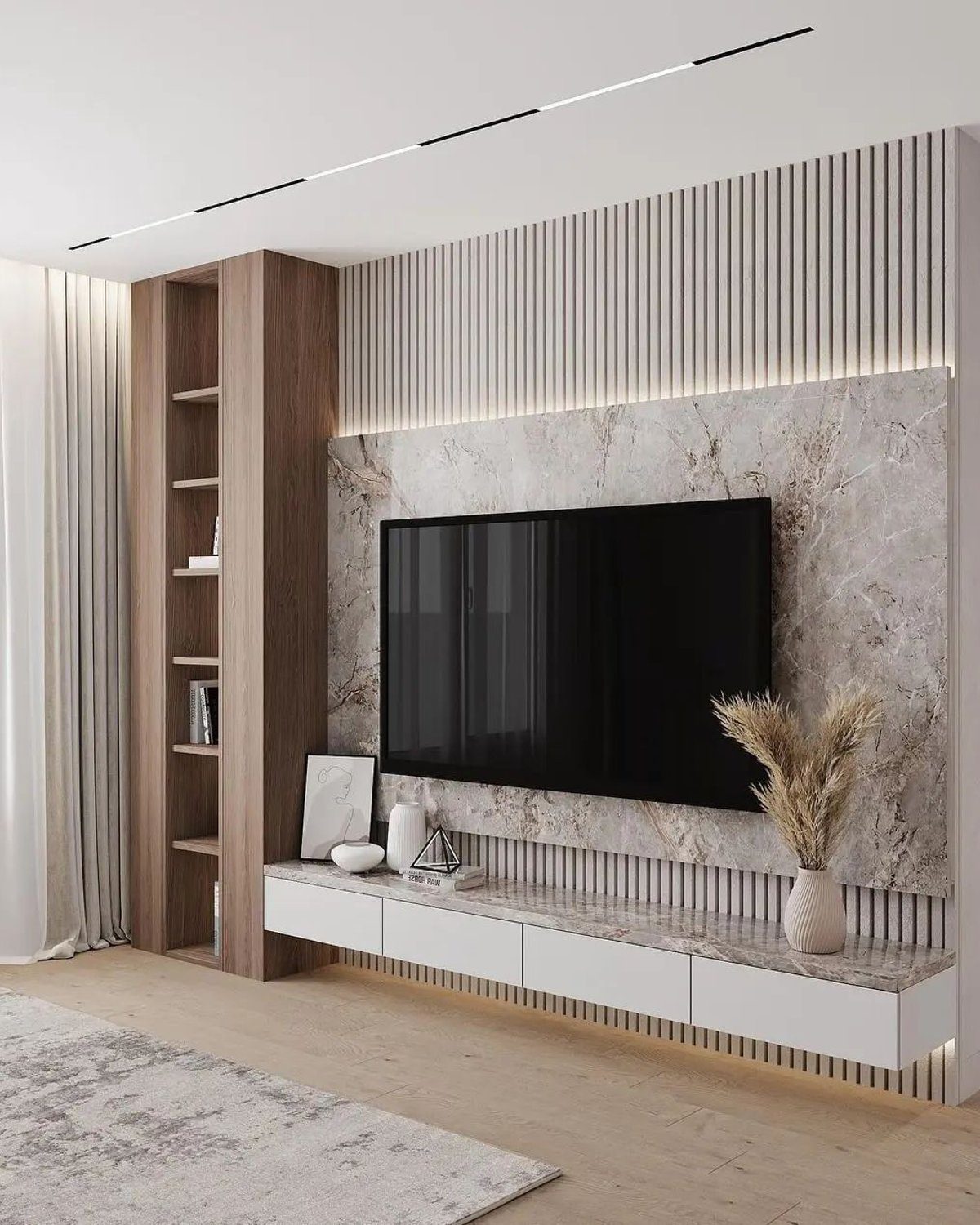 Stylish modern living room with a marble-clad feature wall and a sleek wood and white entertainment unit