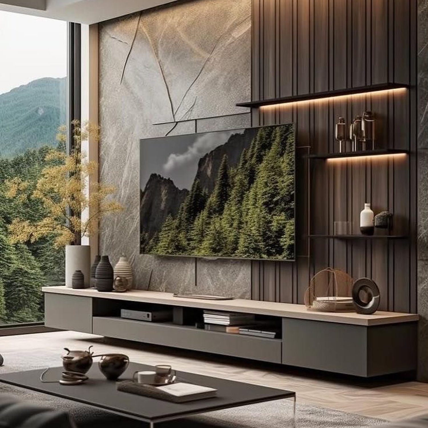 Modern living room with mountaintop view TV