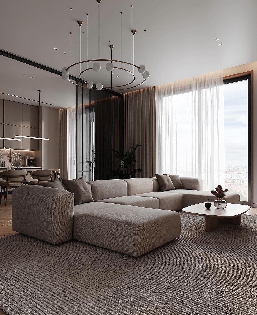 A stylish modern living room with floor-to-ceiling windows