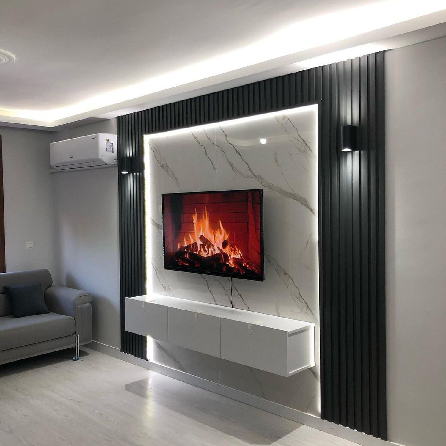 Stylish modern living room with an electric fireplace