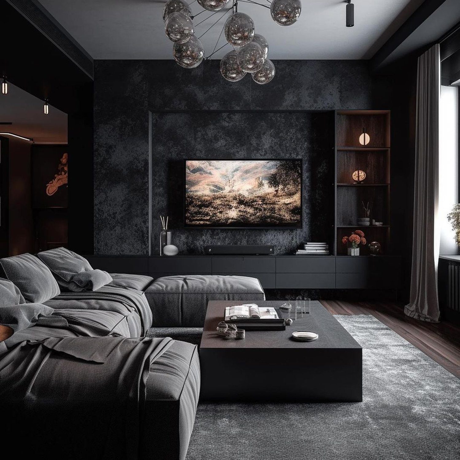 A sleek and modern living room with a monochromatic scheme