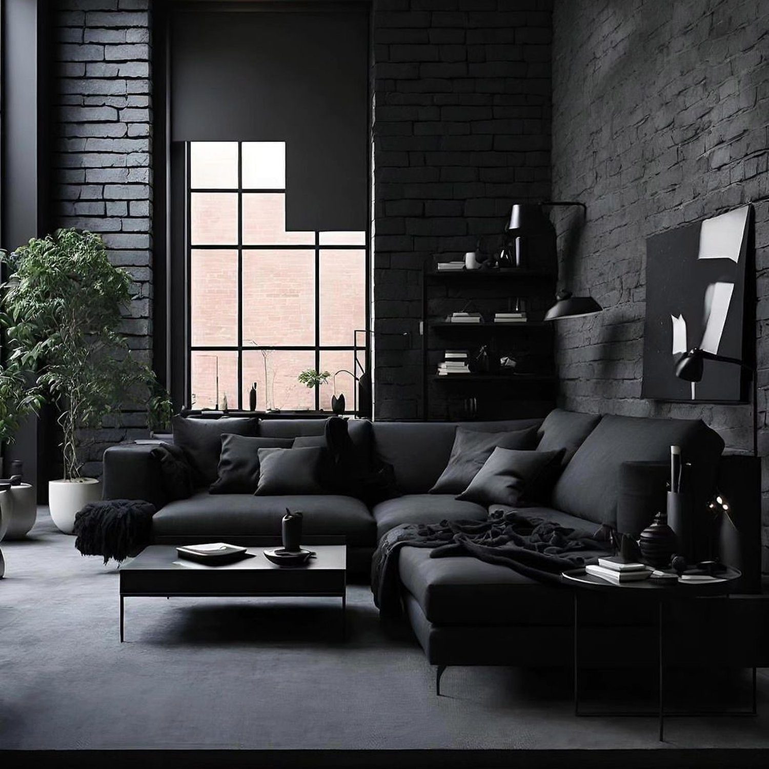 A contemporary living room with a sleek monochromatic theme featuring a plush modular sofa, dark brick walls, statement lighting, and minimalist decor