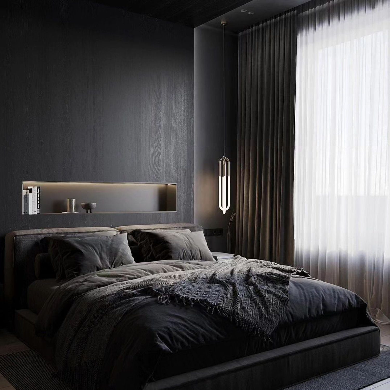 A modern and sleek bedroom featuring monochromatic tones