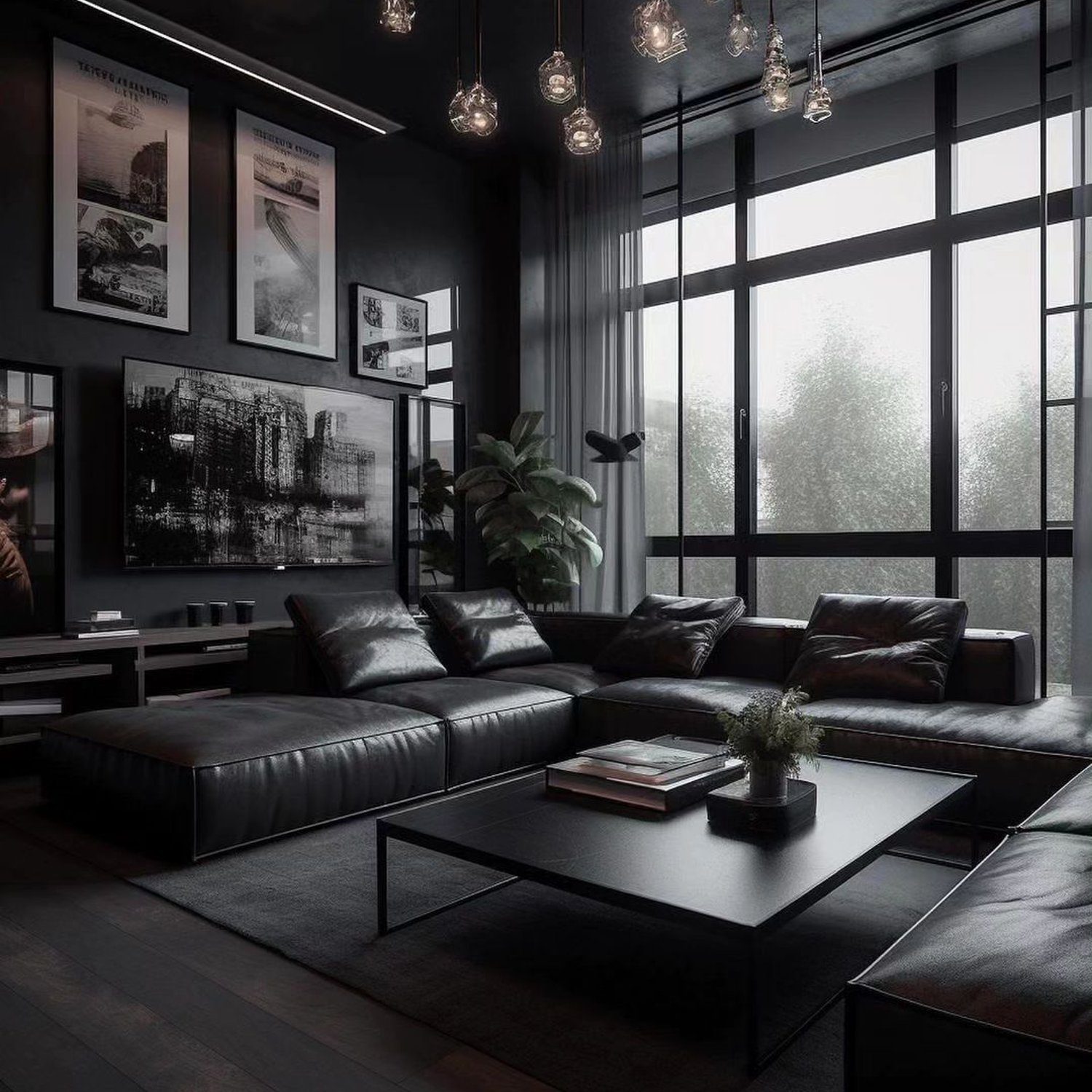 Stylish monochrome living room with industrial accents