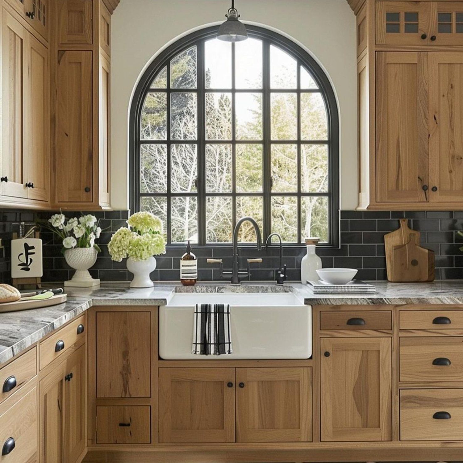 Elegant kitchen with large arched window