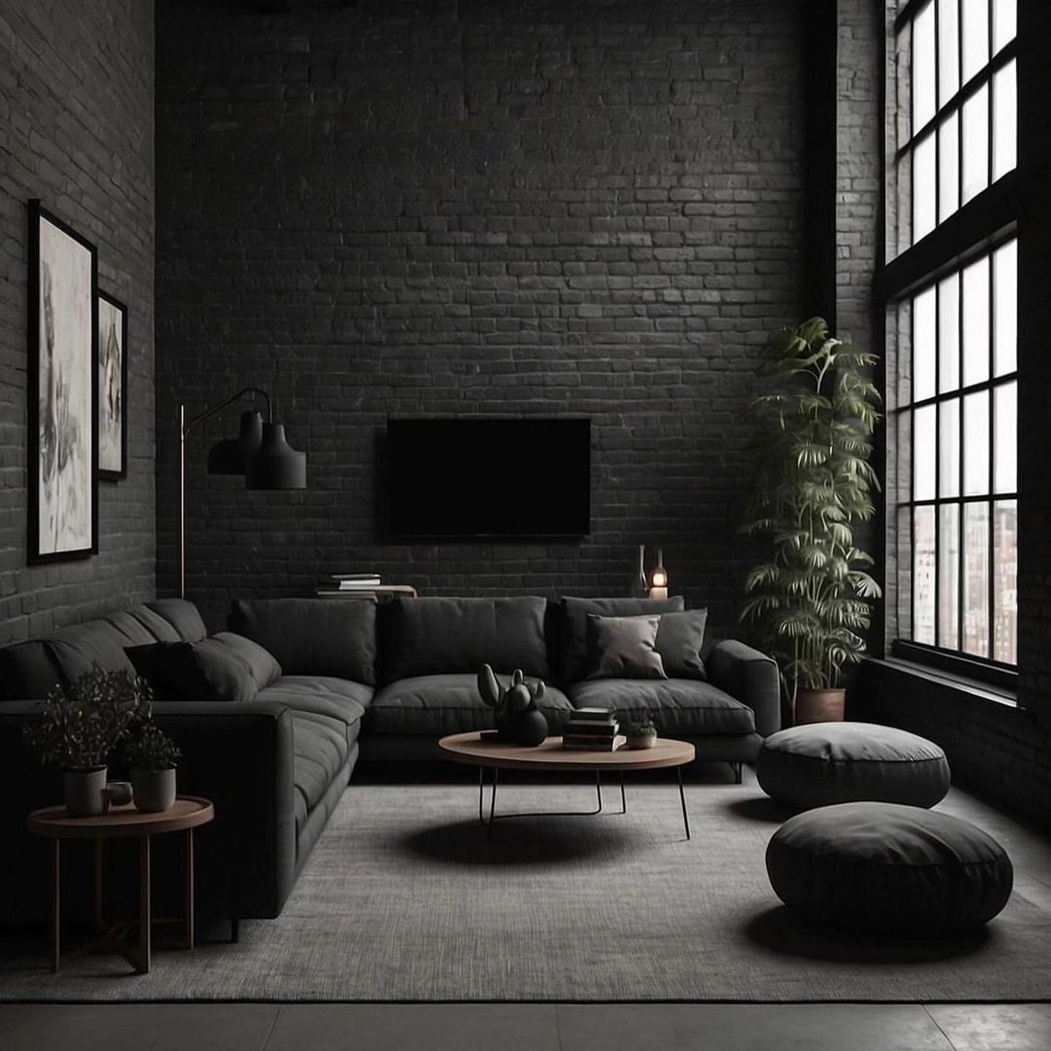 A chic industrial living room with dark walls