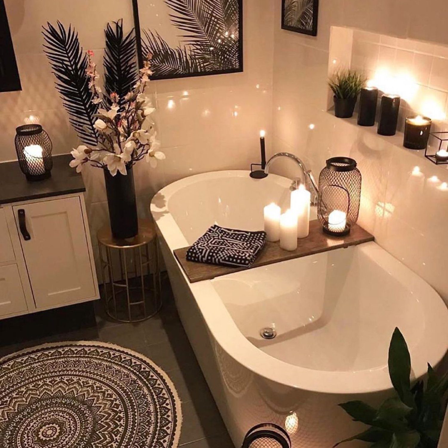 A cozy and stylish bathroom with ambient lighting