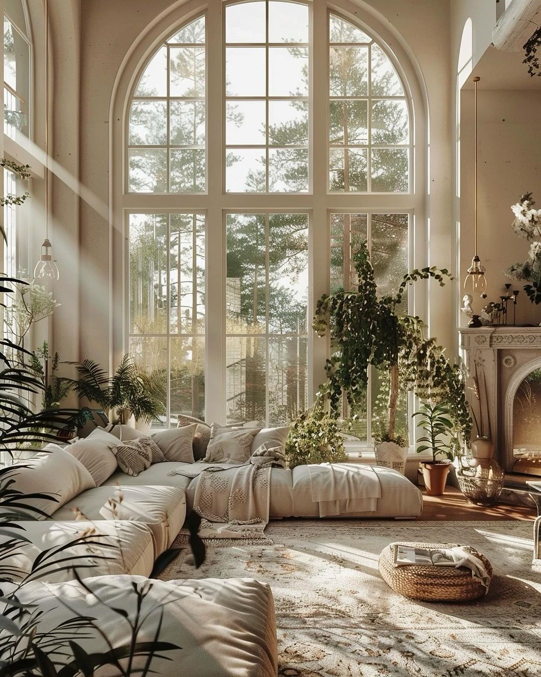 A sunlit living room with towering arched windows