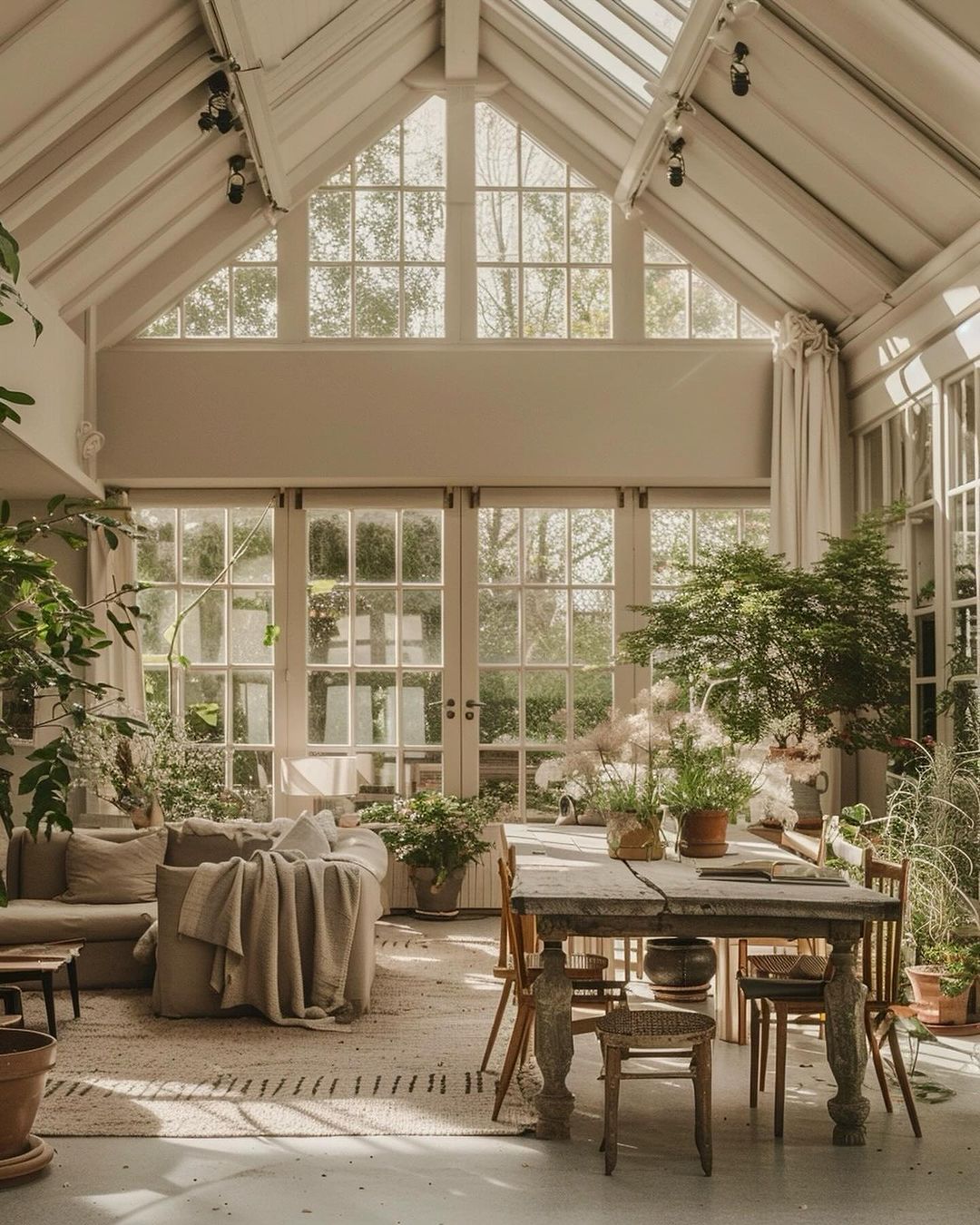 A cozy and well-lit conservatory-style room filled with plants