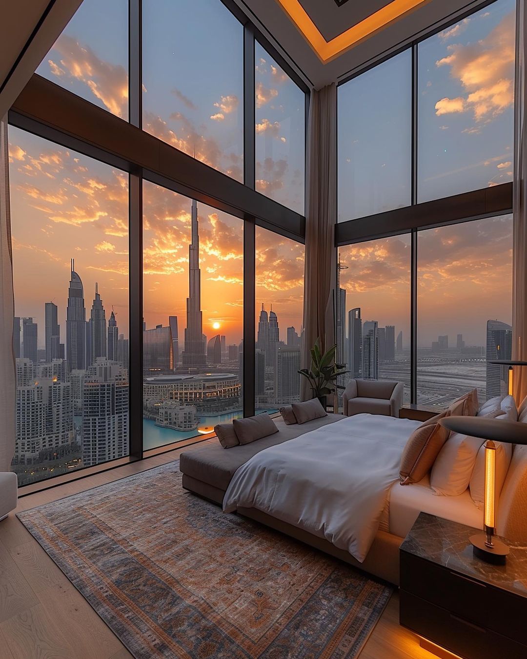 A luxurious high-rise bedroom with floor-to-ceiling windows offering a stunning sunset city view