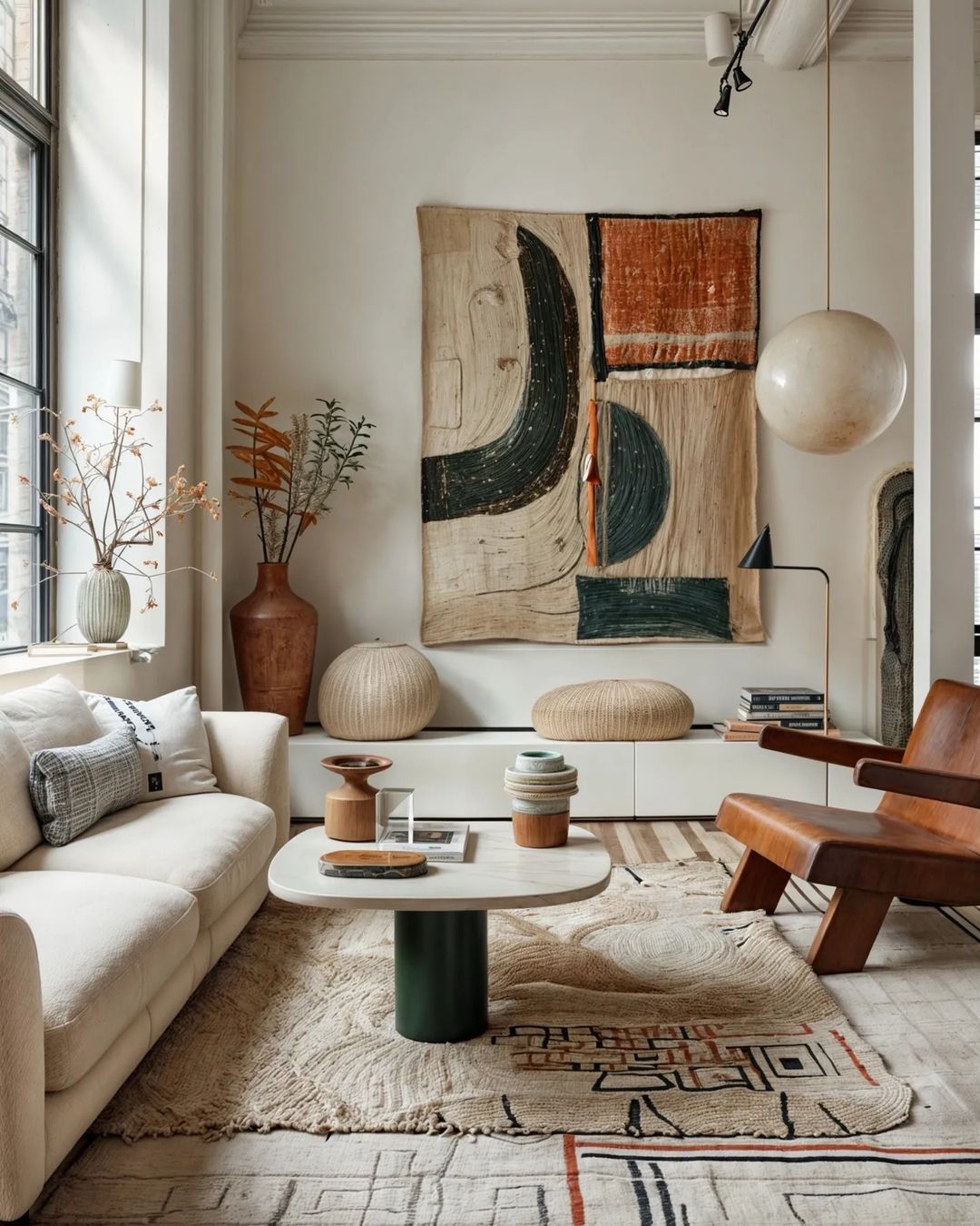 A tastefully decorated living room with an artistic flair