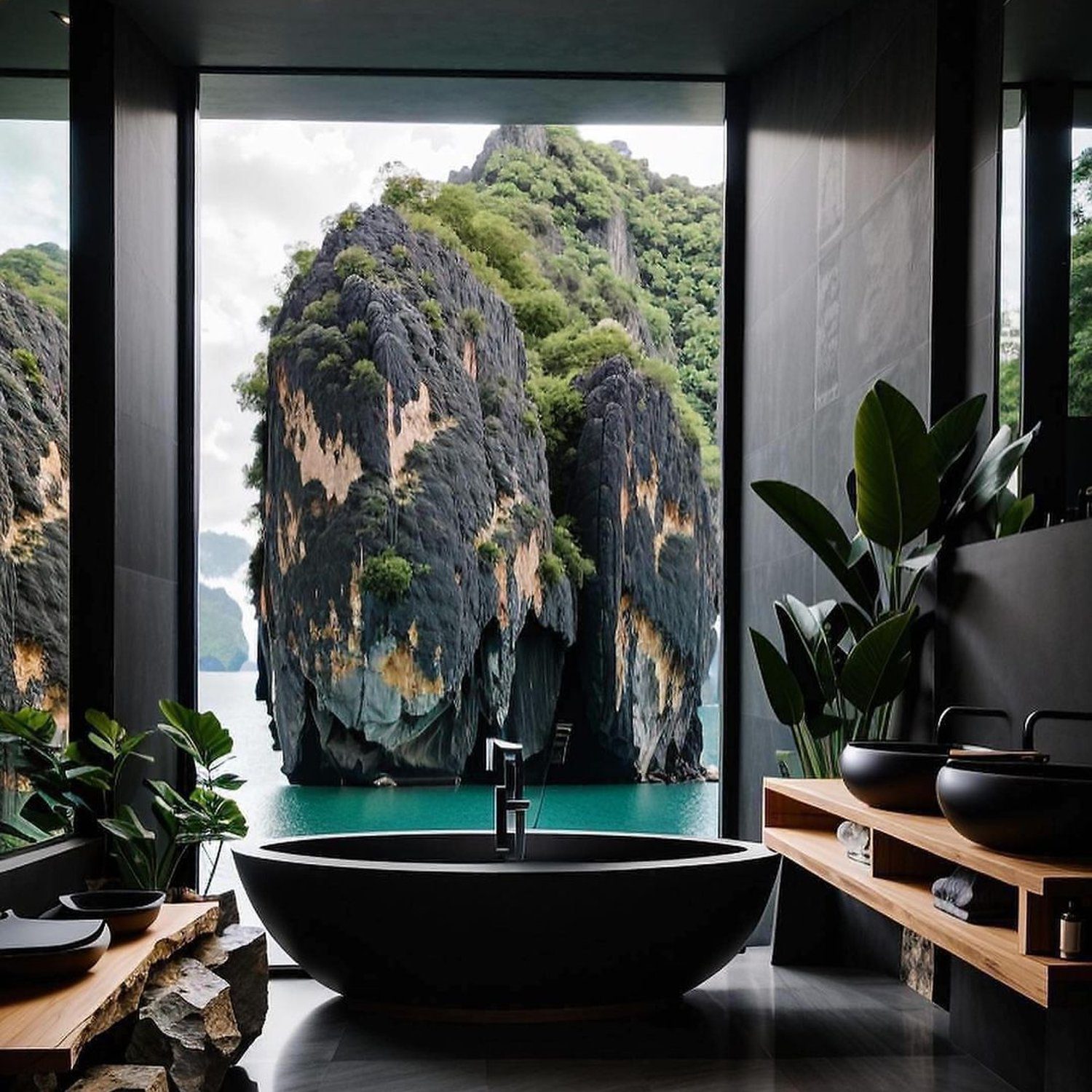 A luxurious bathroom with a view of towering karst limestone cliffs