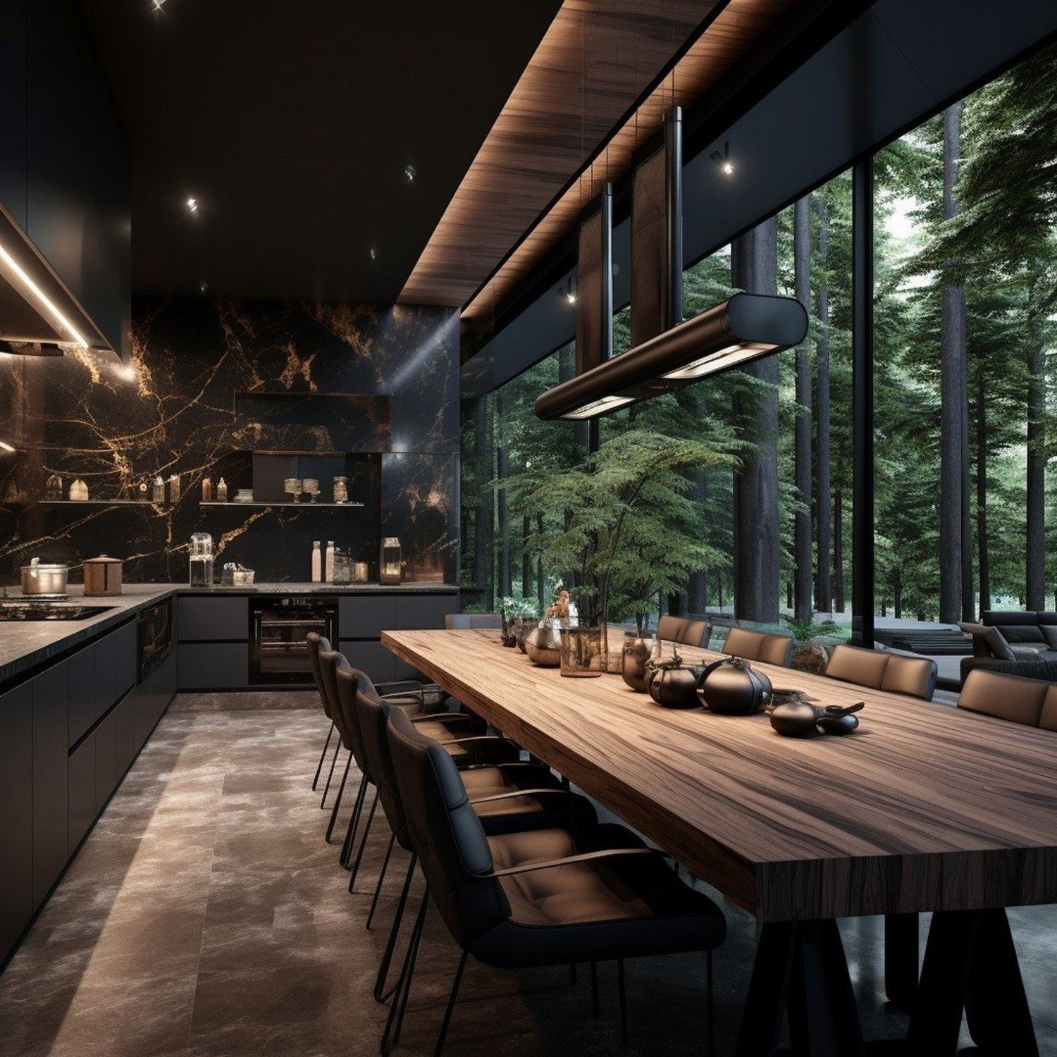 Modern kitchen with forest view