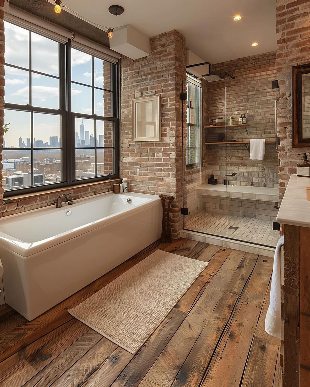 Chic Industrial-Style Bathroom With City View