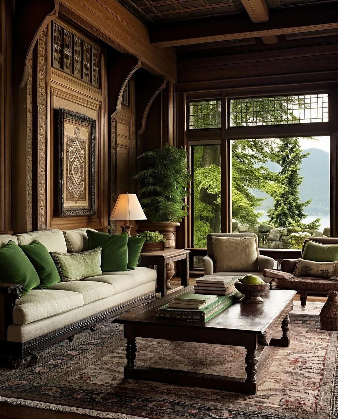 Classic wood-paneled living room with a view of the forest