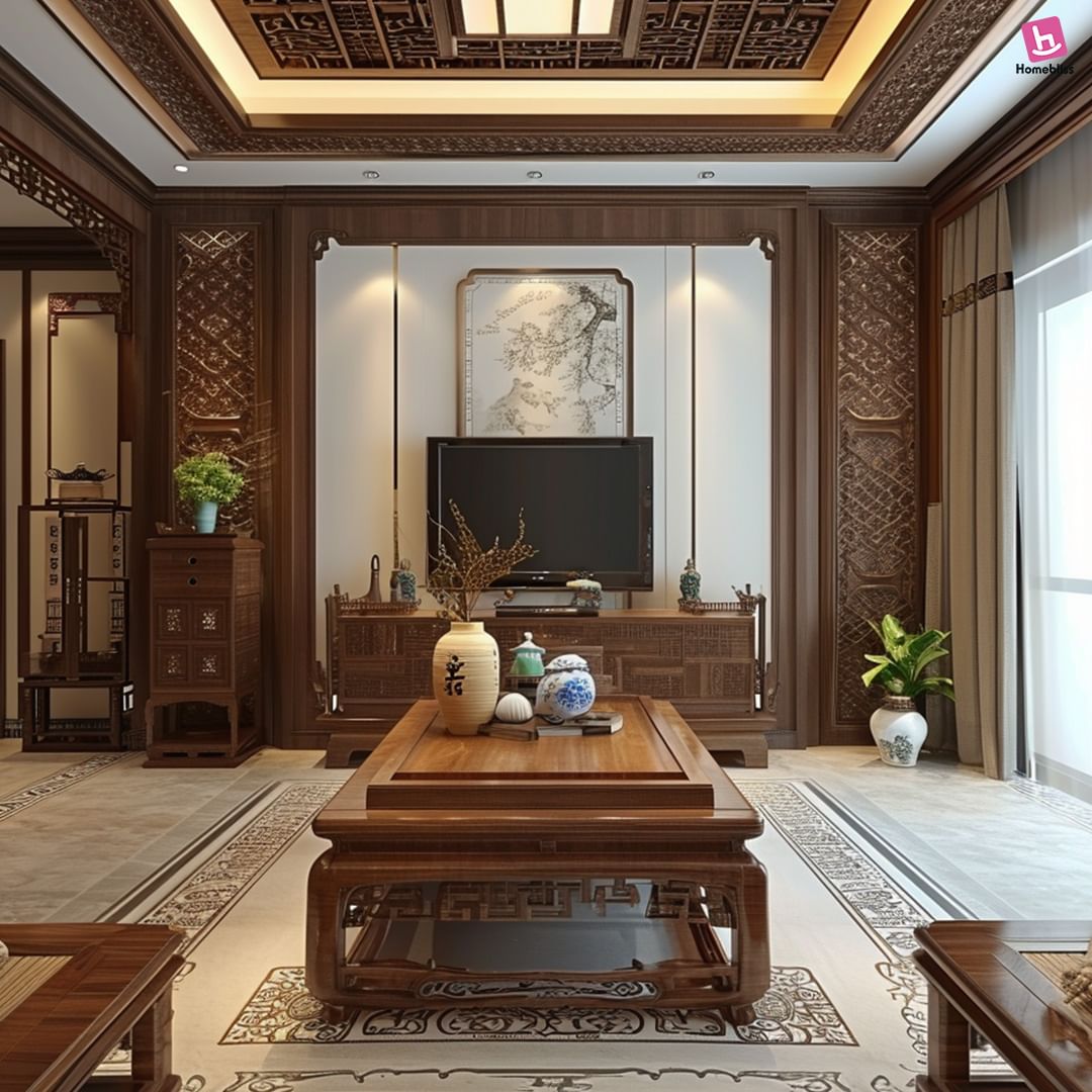 Traditional Chinese Living Room with Ornate Woodwork