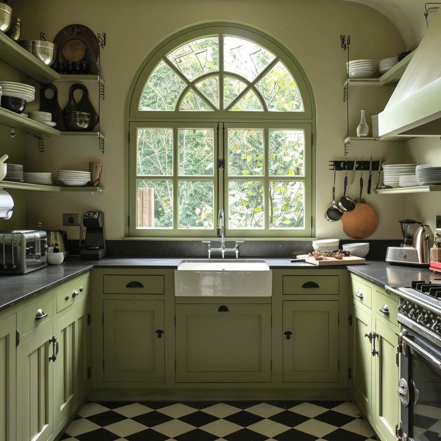 Traditional kitchen with arched window