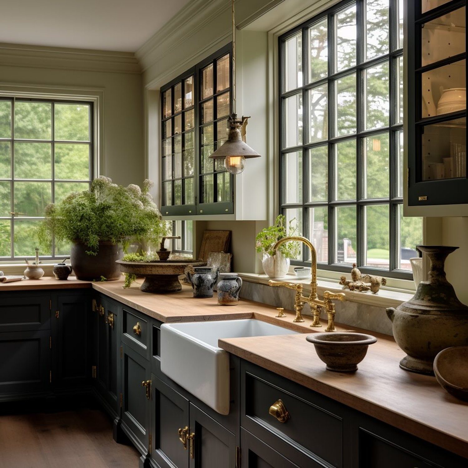 Elegant and classic kitchen design featuring dark cabinetry and brass fixtures