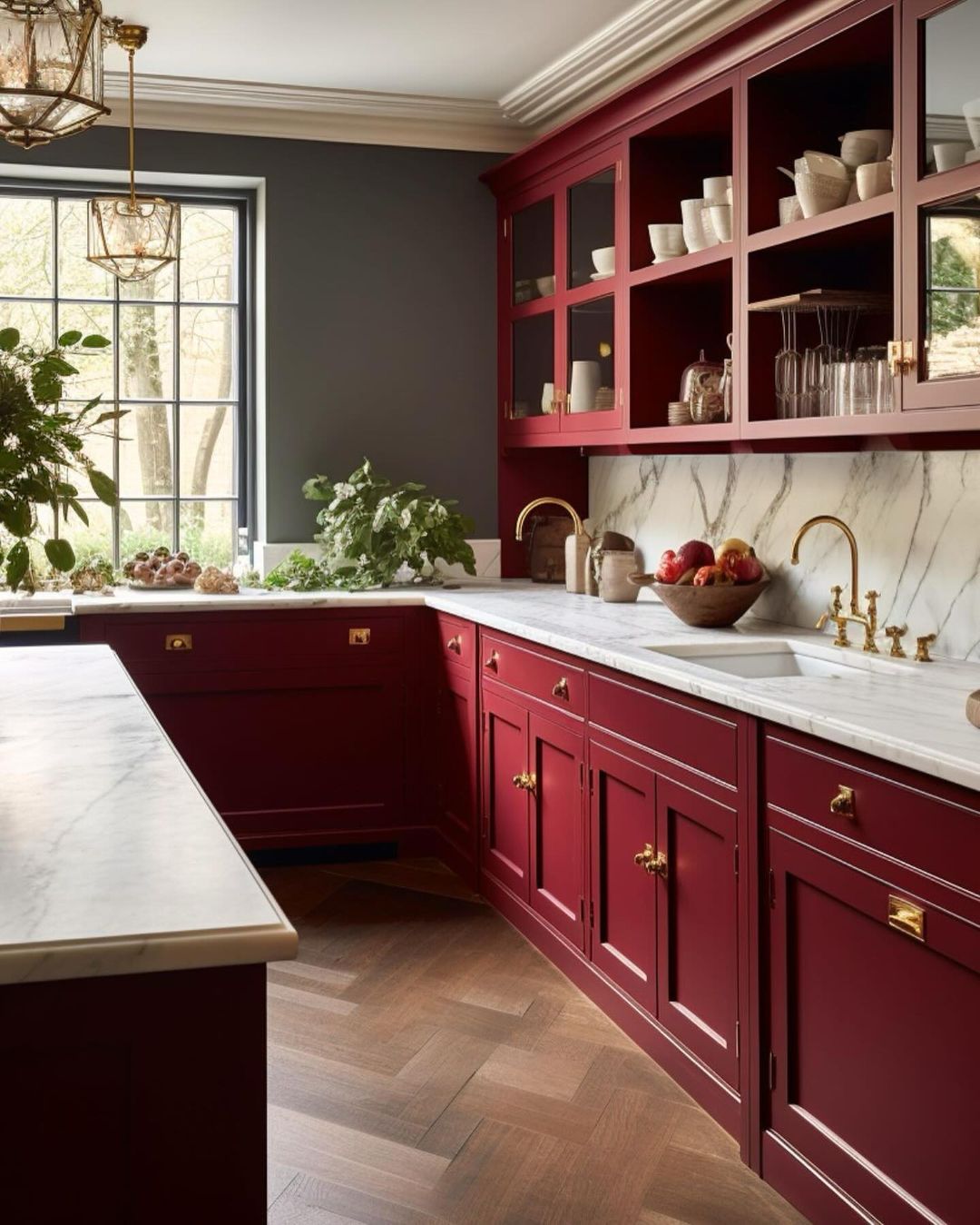 A traditional kitchen with a modern twist featuring burgundy cabinets and marble countertops.