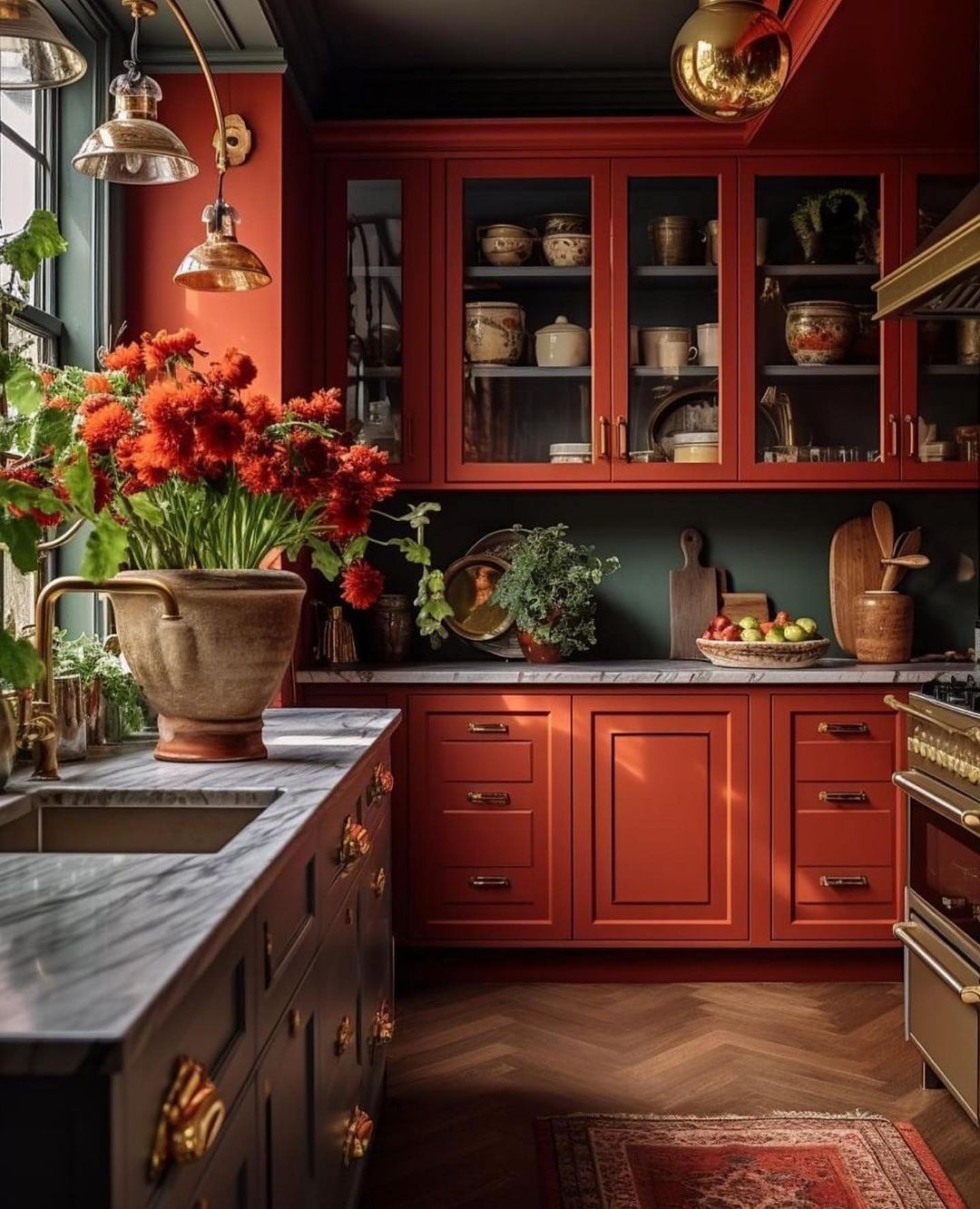 A warm and richly-toned traditional kitchen with terracotta-hued cabinetry.