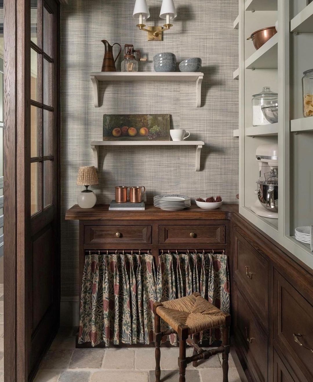 A cozy pantry with natural textures and vintage flair