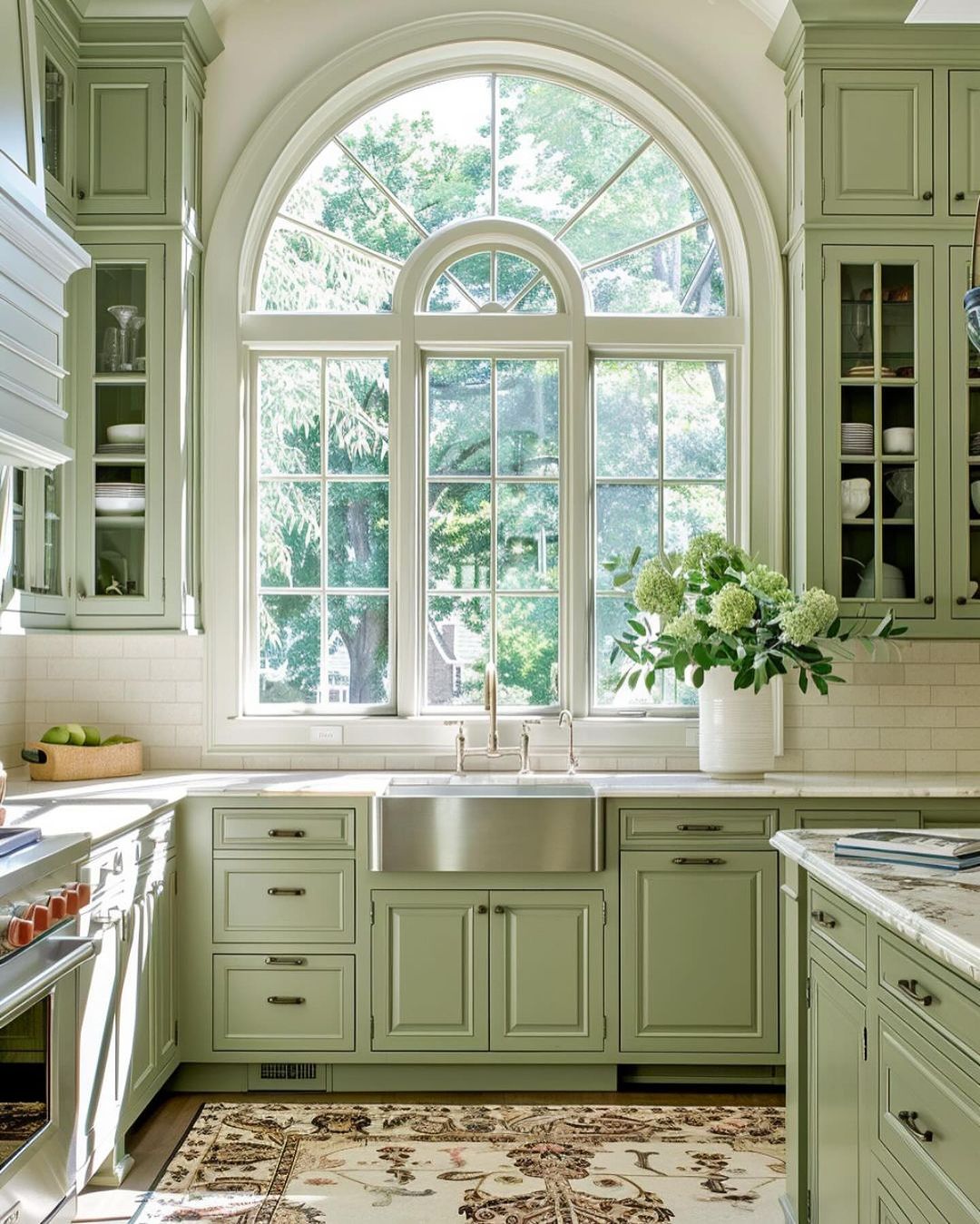 Traditional Kitchen with a Large Arched Window Looking Out to Greenery