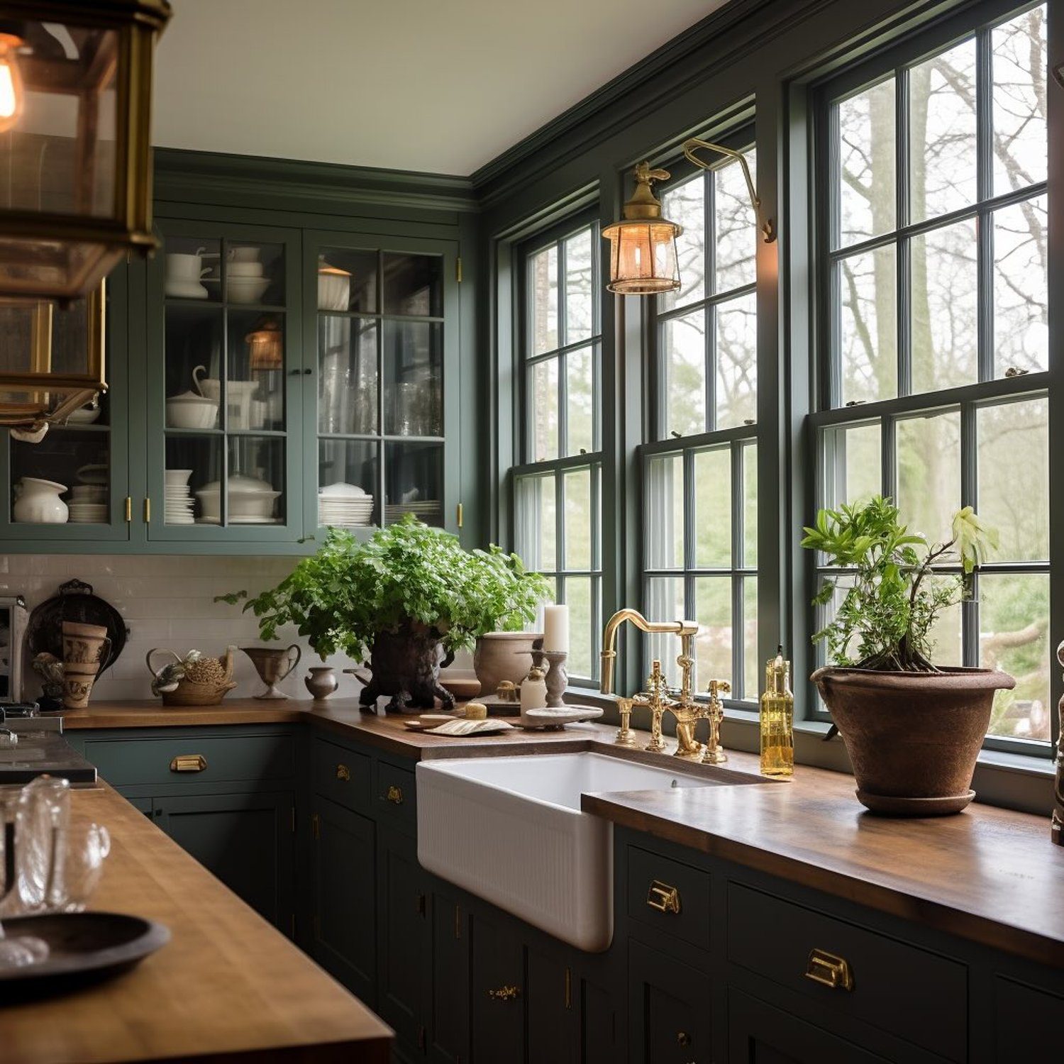 Elegant and traditional kitchen featuring dark teal cabinets, brass hardware, farmhouse sink, wood countertops, and an abundance of natural light