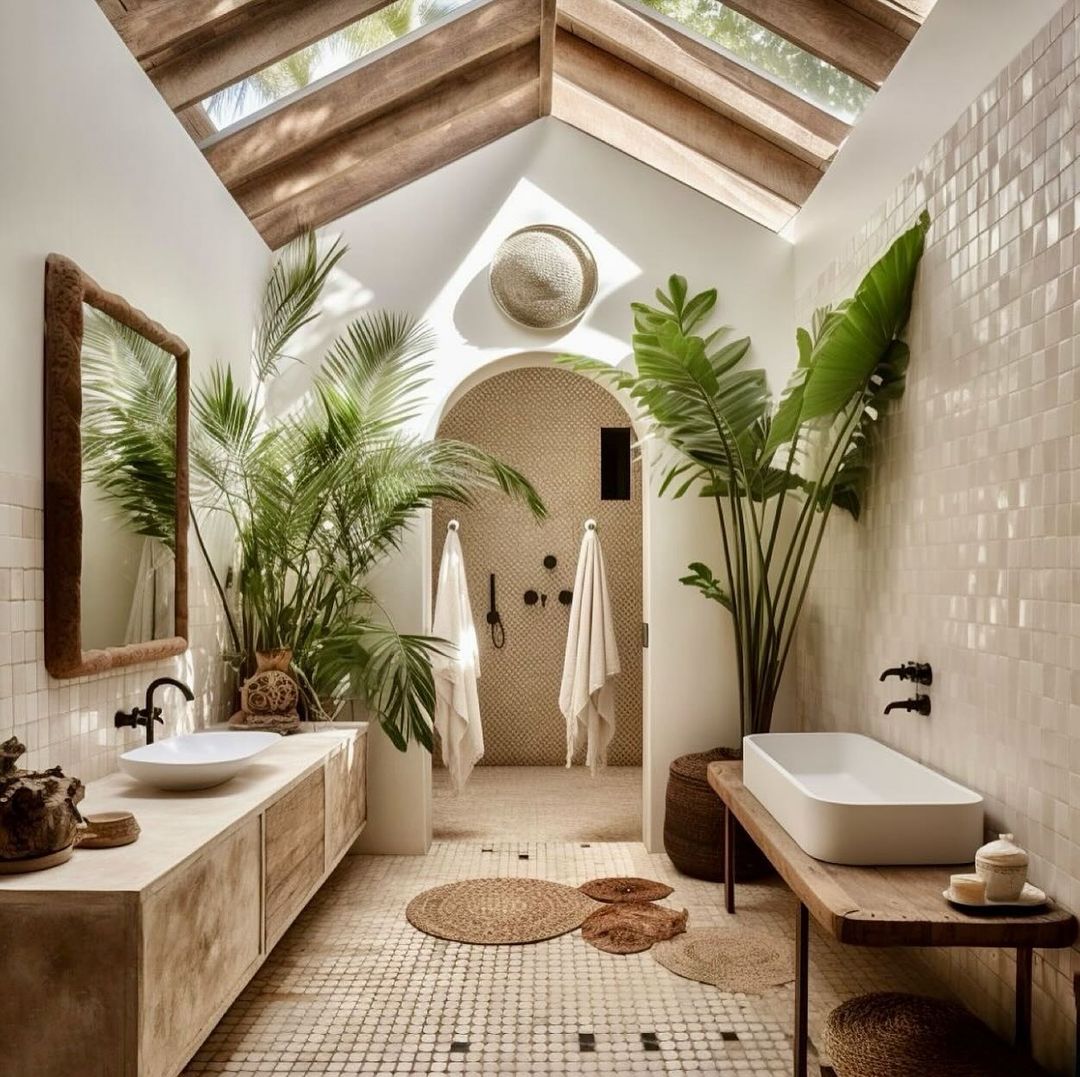 A tranquil and airy bathroom complemented by lush greenery and natural textures