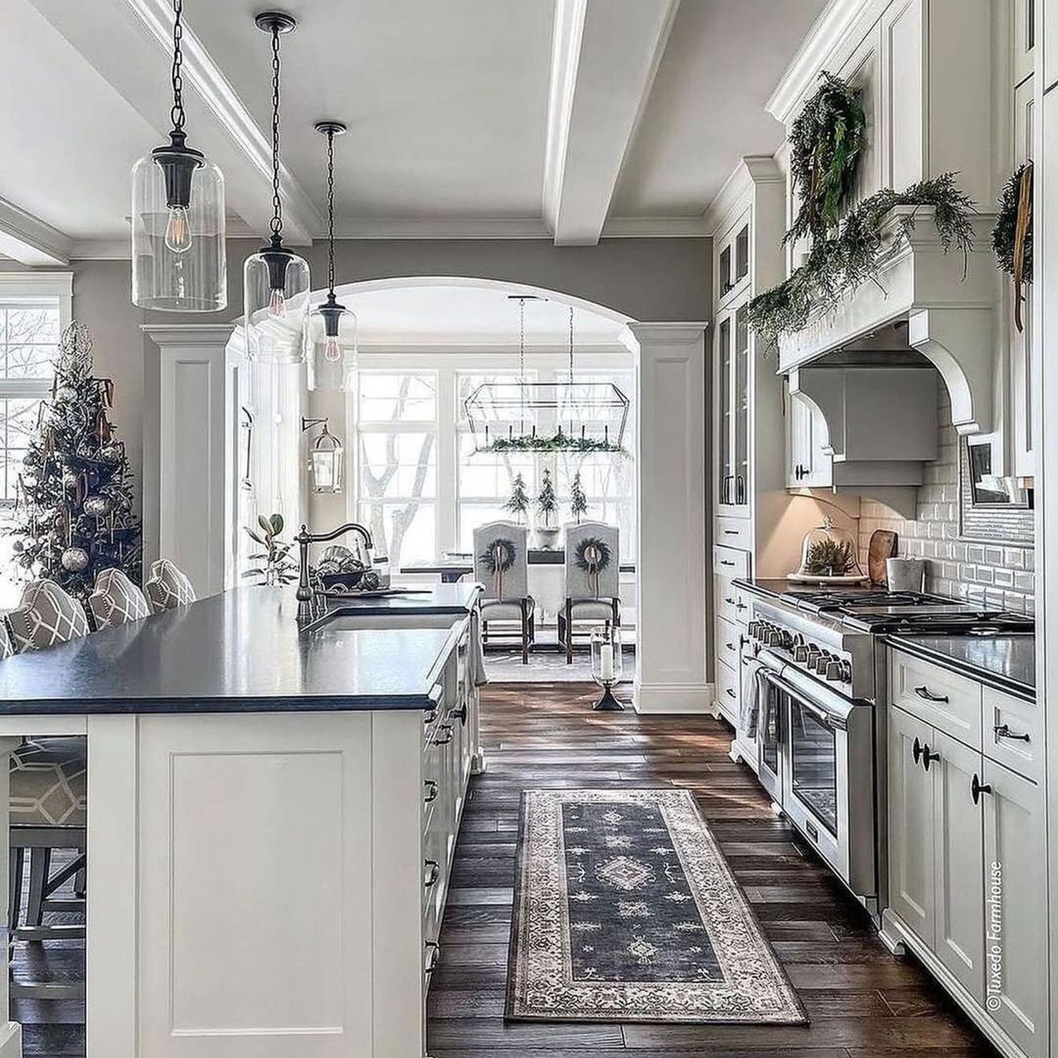 Elegant transitional style kitchen with festive decor