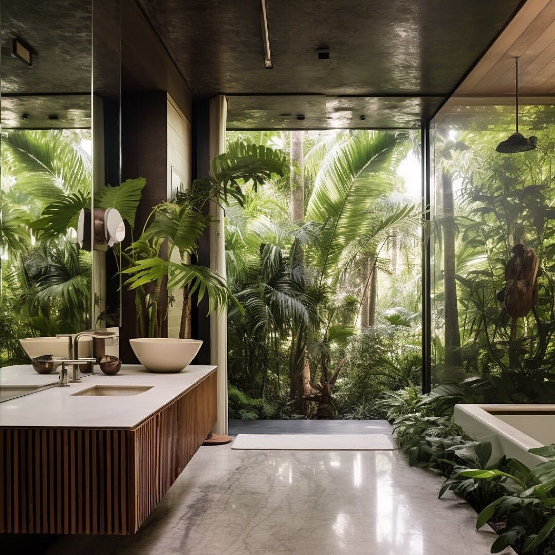 A serene bathroom retreat with floor-to-ceiling glass walls merging indoor luxury with lush outdoor vegetation