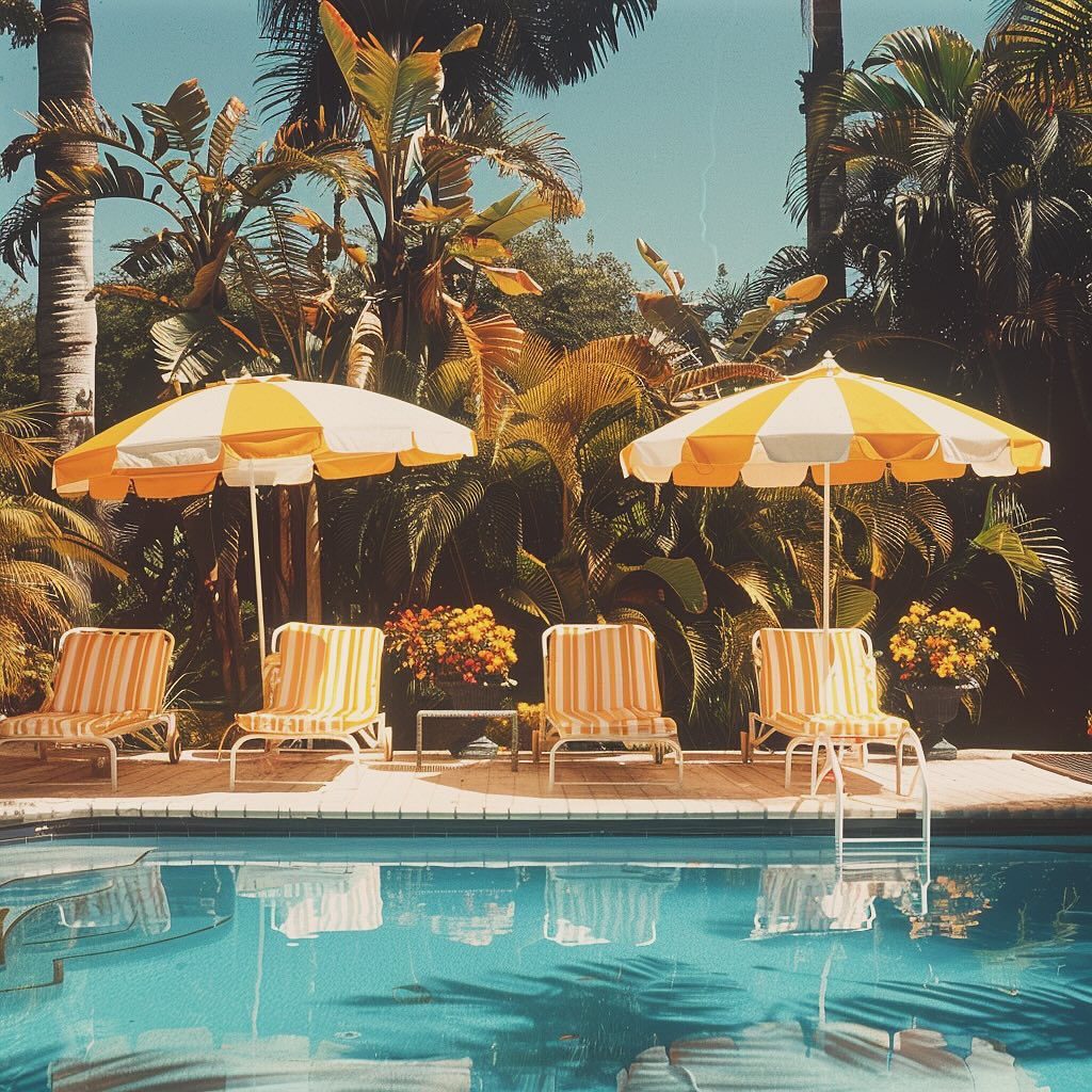 A serene poolside setup with striped loungers and vibrant umbrellas amidst lush tropical greenery