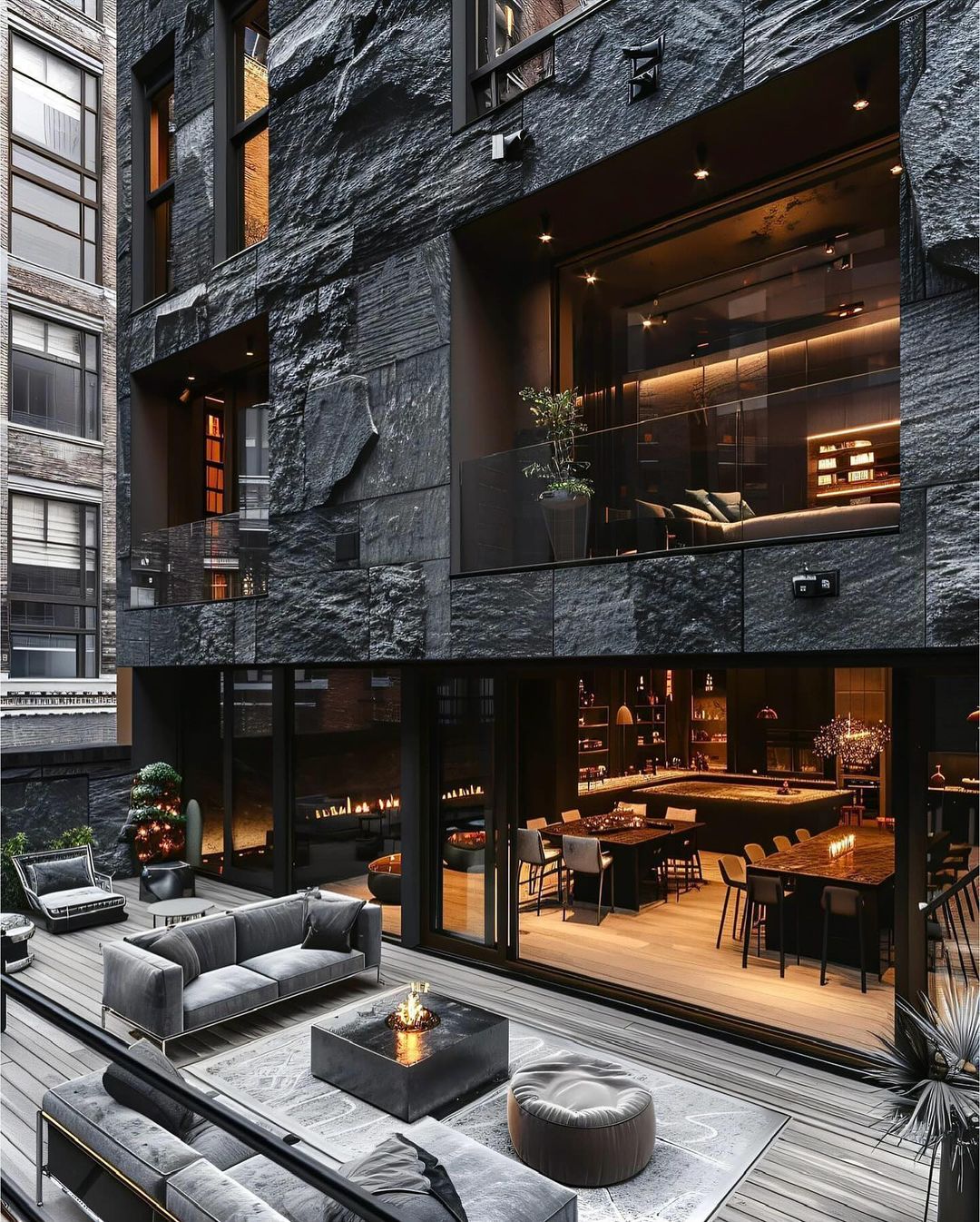 A sophisticated urban abode featuring a two-level black stone facade and lush interiors visible through vast glass windows.