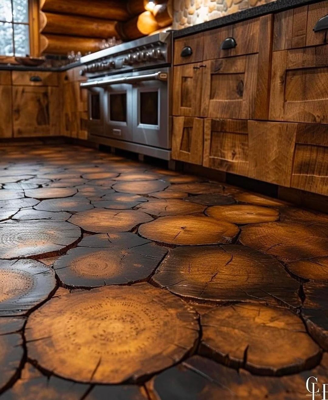 A rustic yet modern kitchen featuring cross-sections of logs as a unique floor