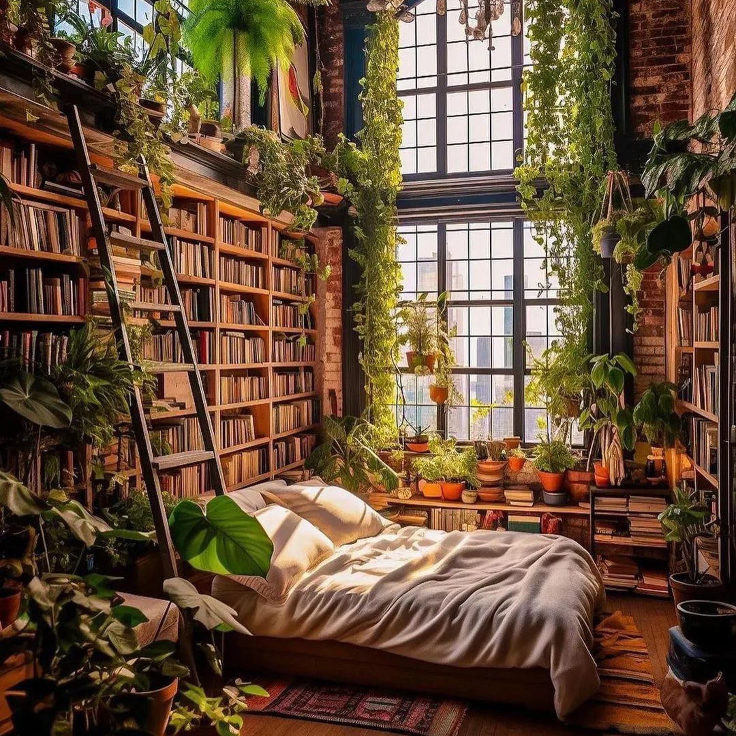 Cozy urban jungle-themed bedroom with abundant plant life around a large window