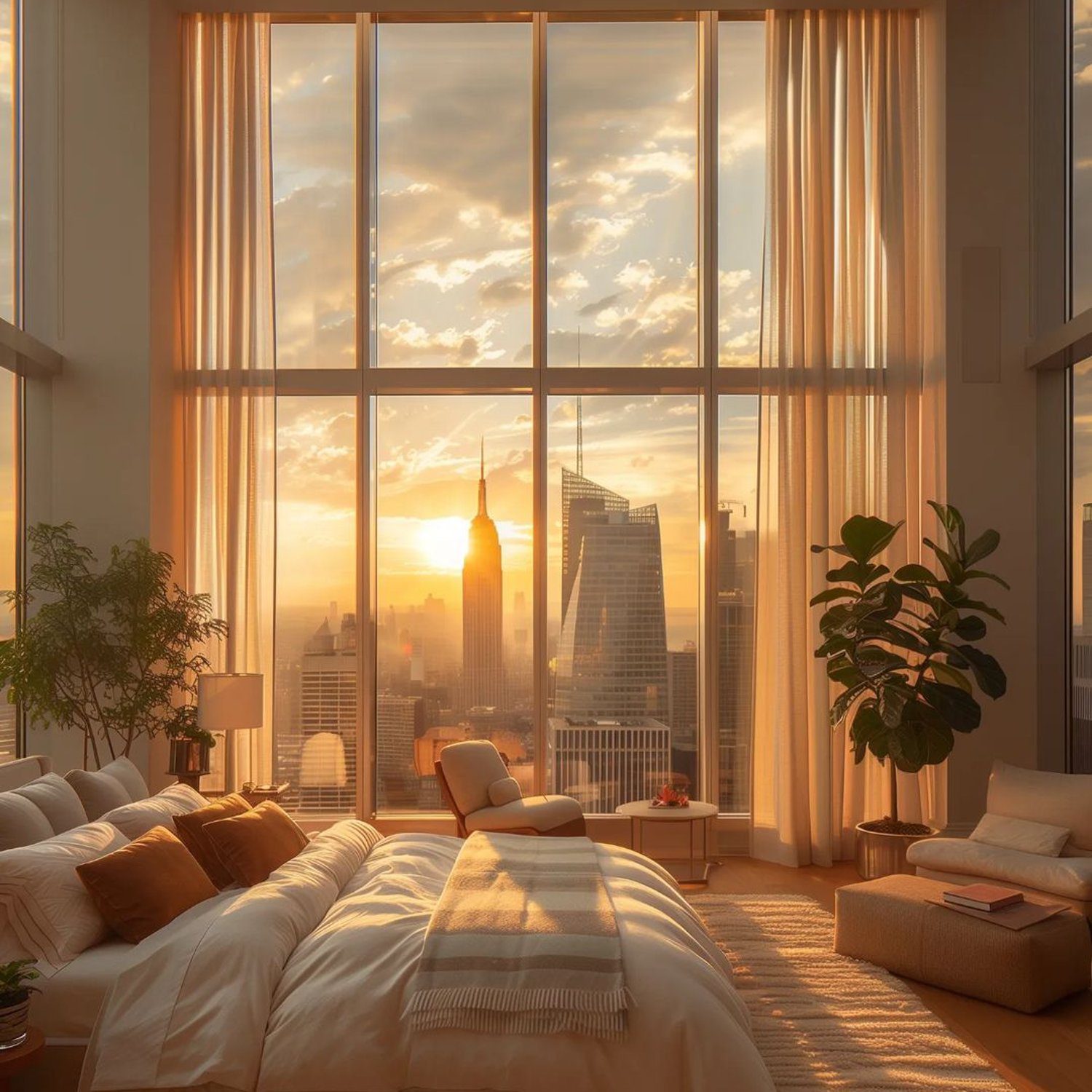 A serene bedroom with a stunning city view at sunset