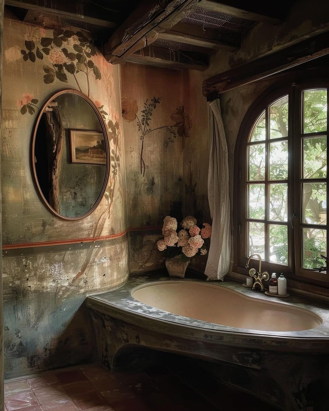 A vintage-chic bathroom showcasing artistic floral wall murals