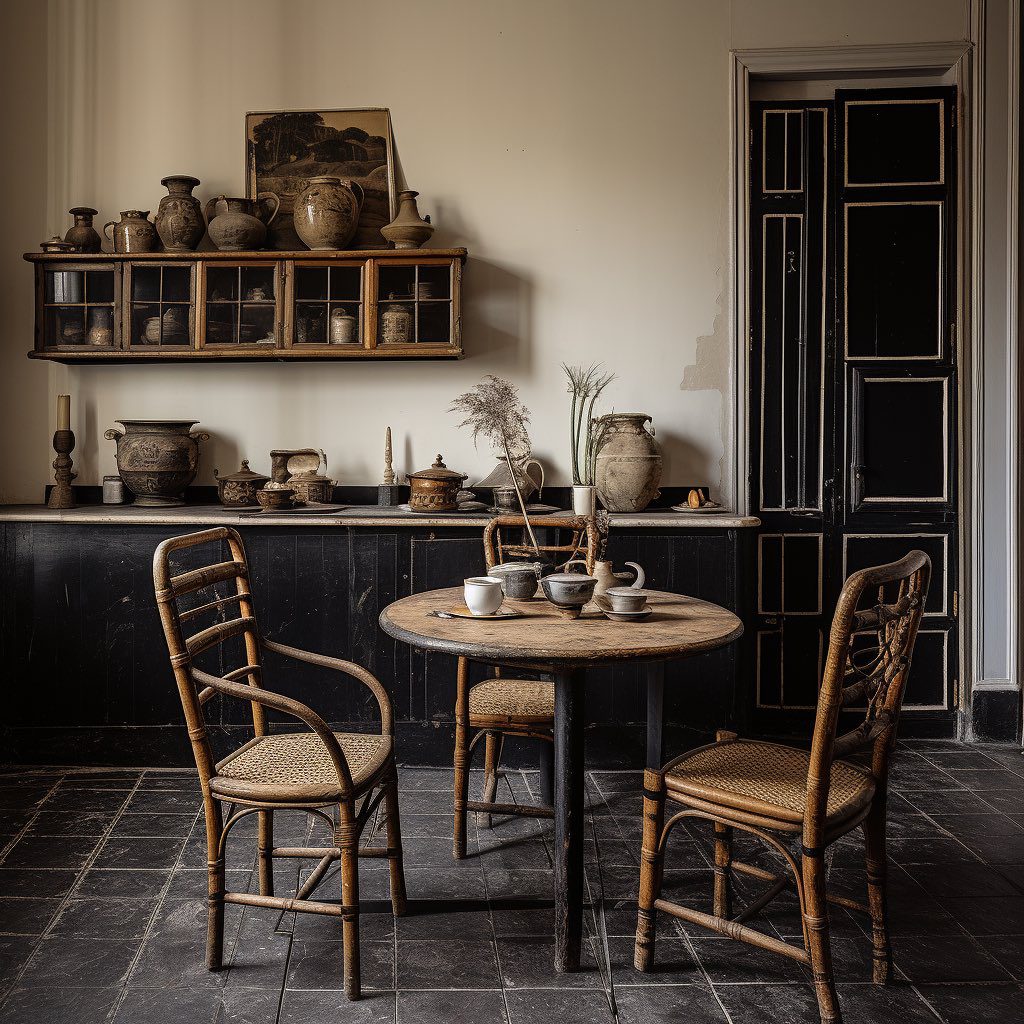 A rustic vintage dining area with black walls and a contrasting light ceiling