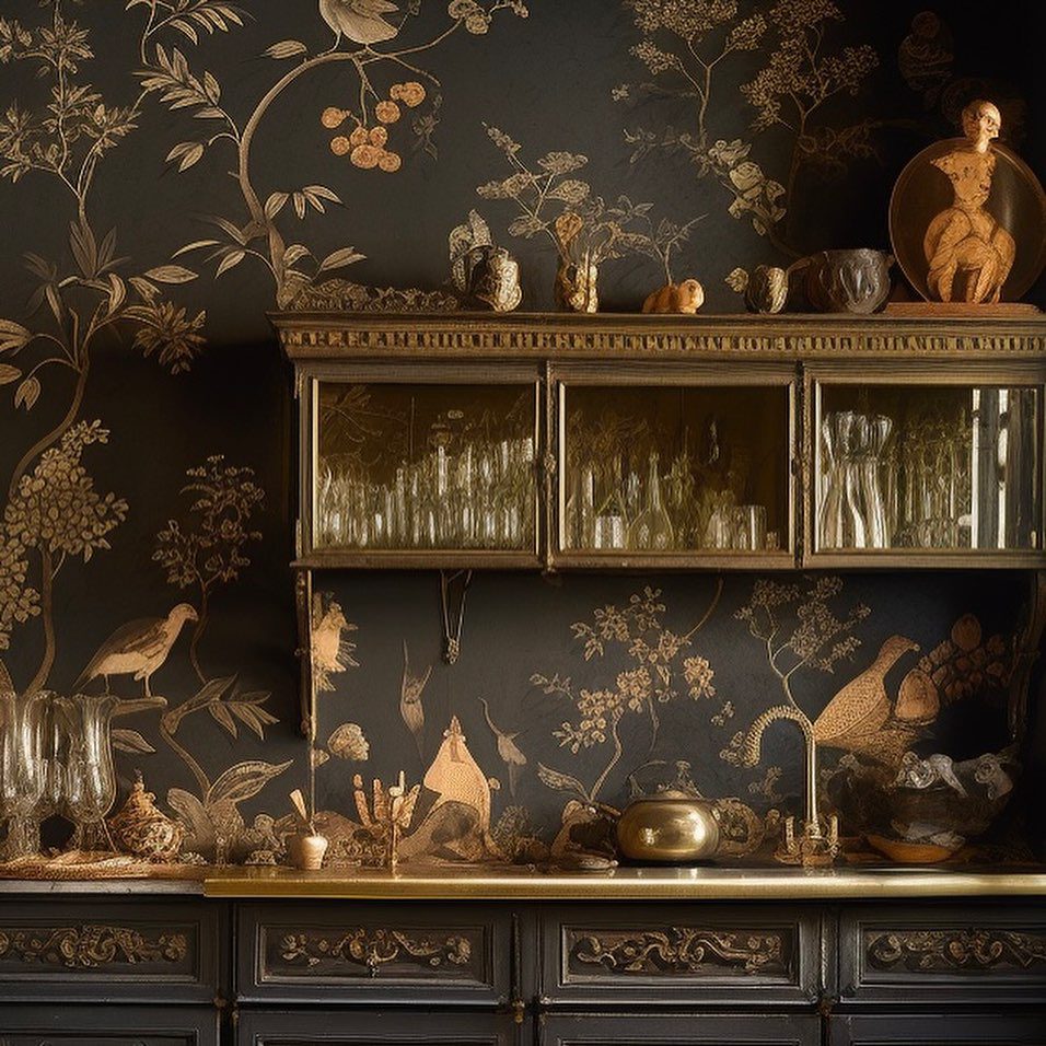 A sophisticated dark kitchen featuring gold-accented botanical wallpaper