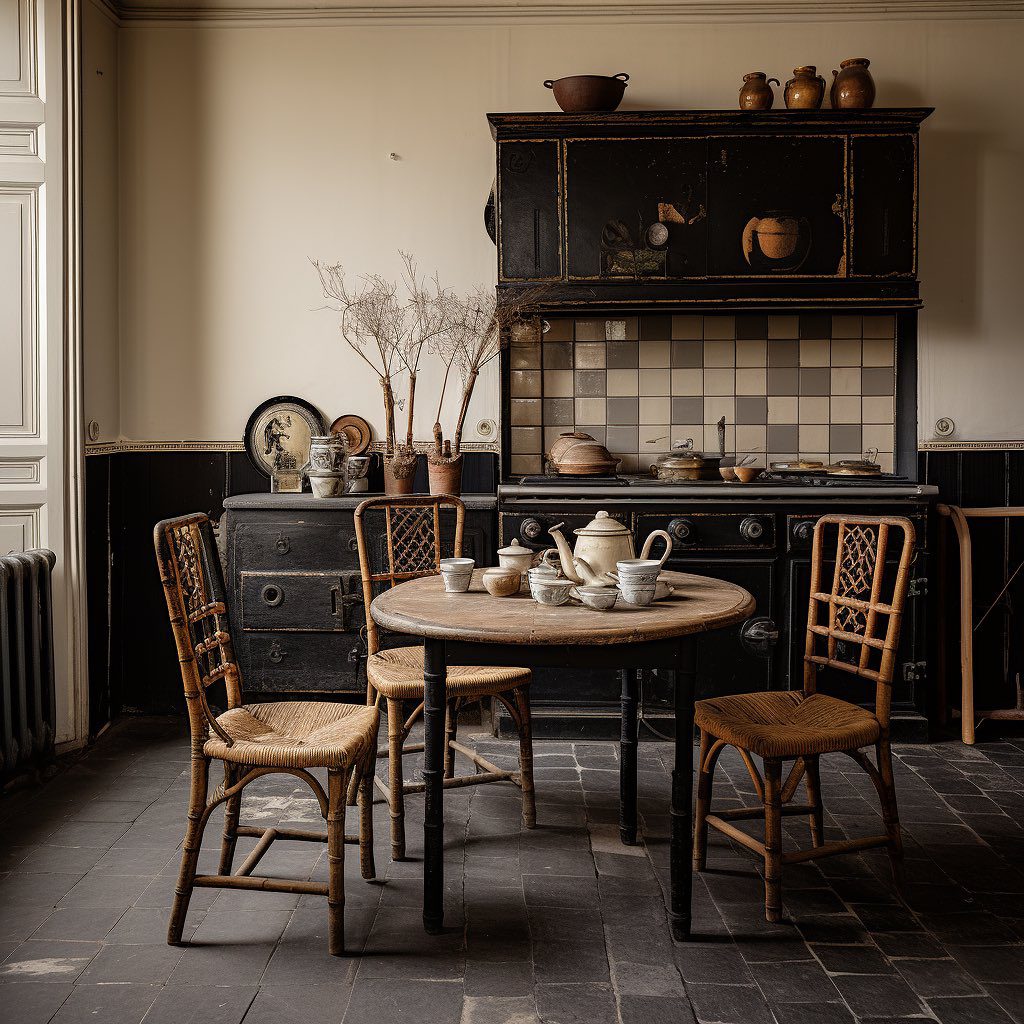 A quaint and charming vintage kitchen featuring an antique black hutch, woven bistro chairs, and a rustic wooden table.