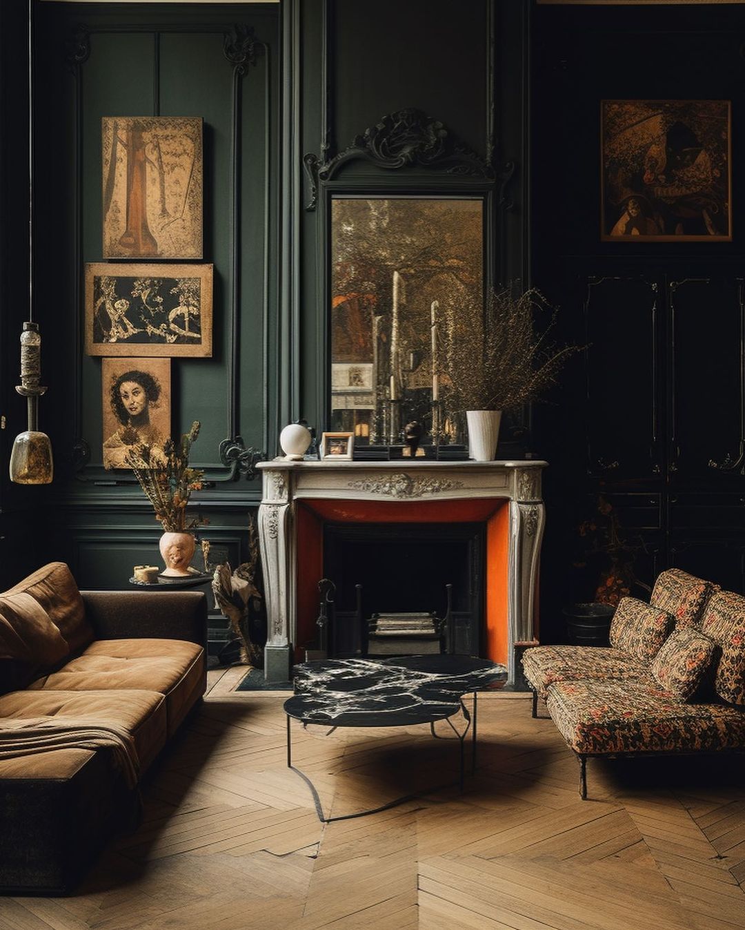 A richly textured maximalist living room