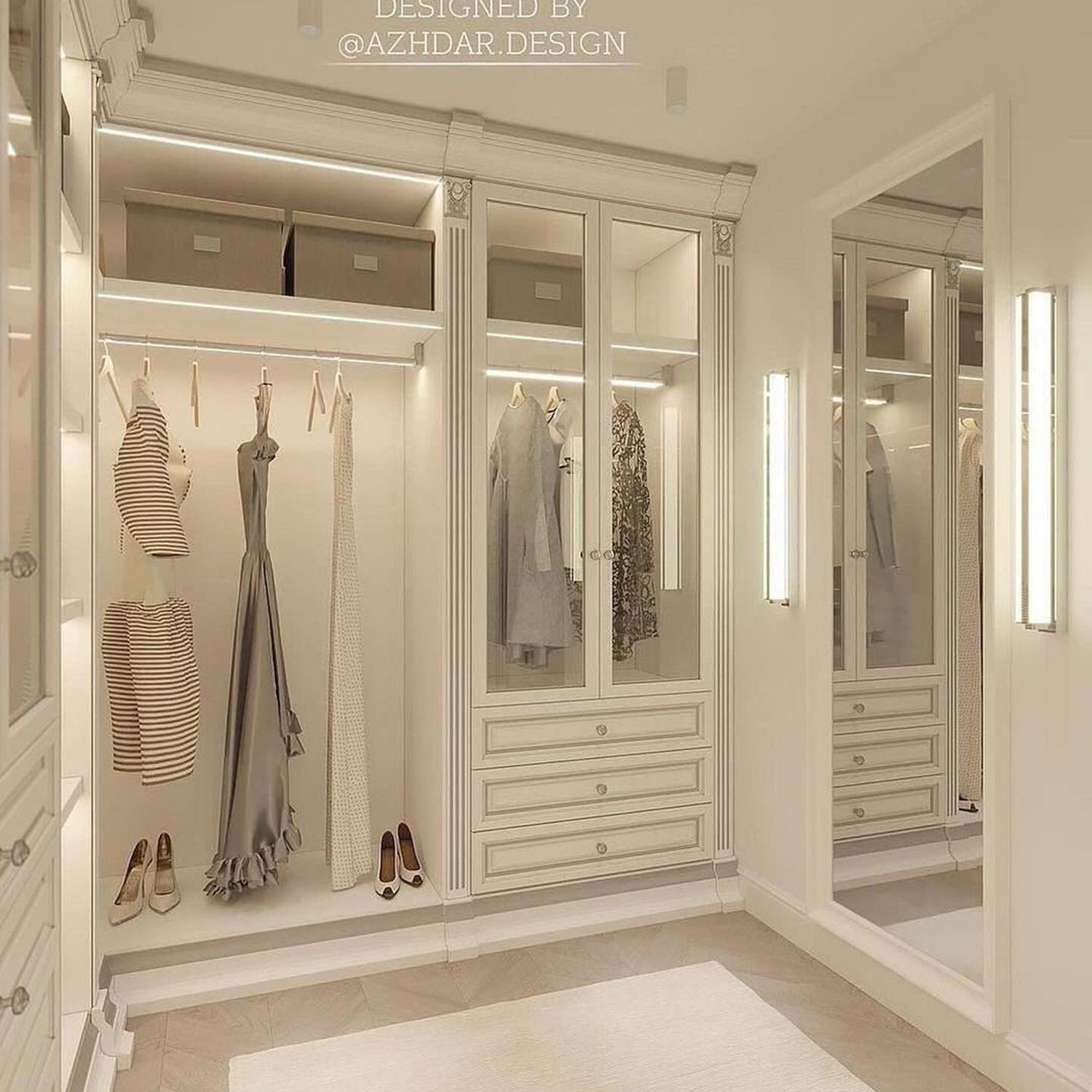 Elegant walk-in closet design featuring custom cabinetry