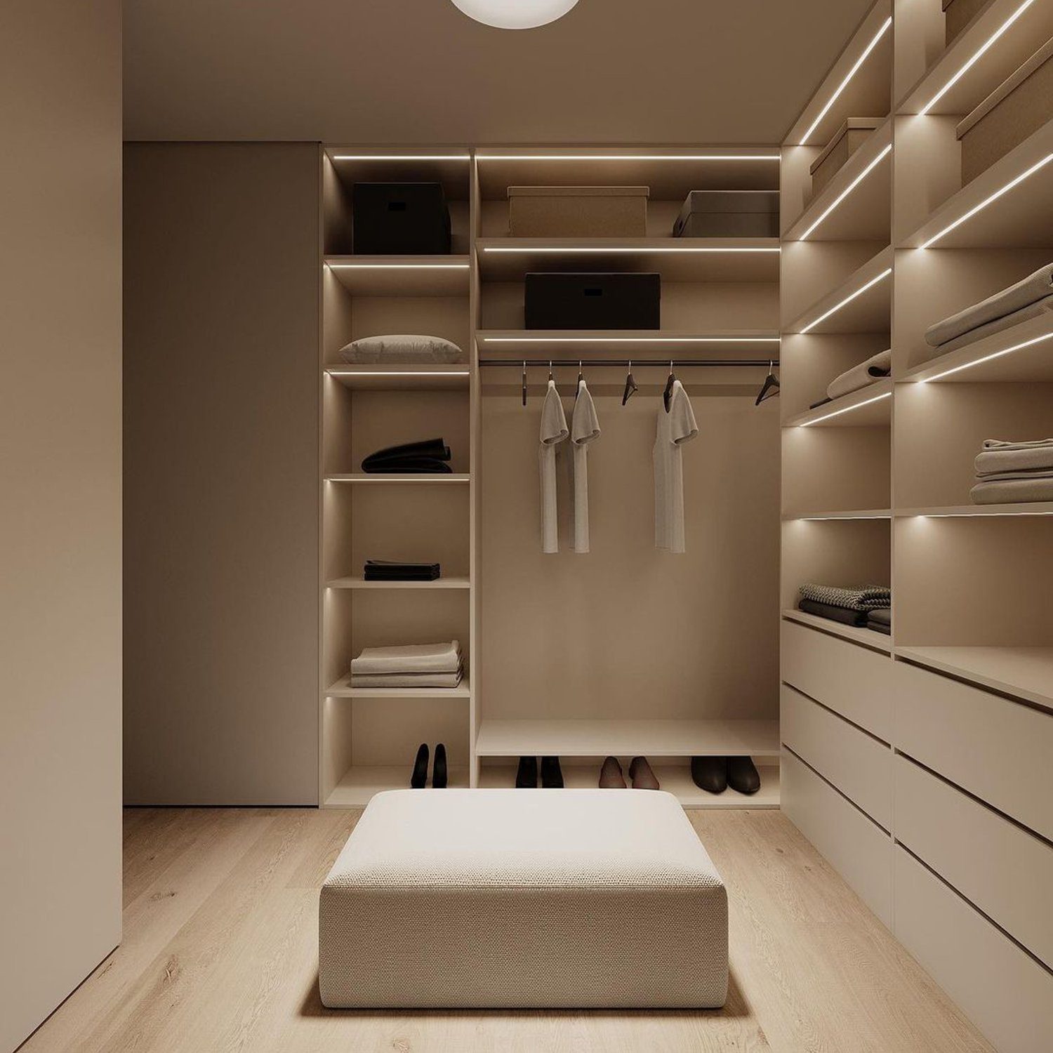 Elegant walk-in closet design with warm lighting