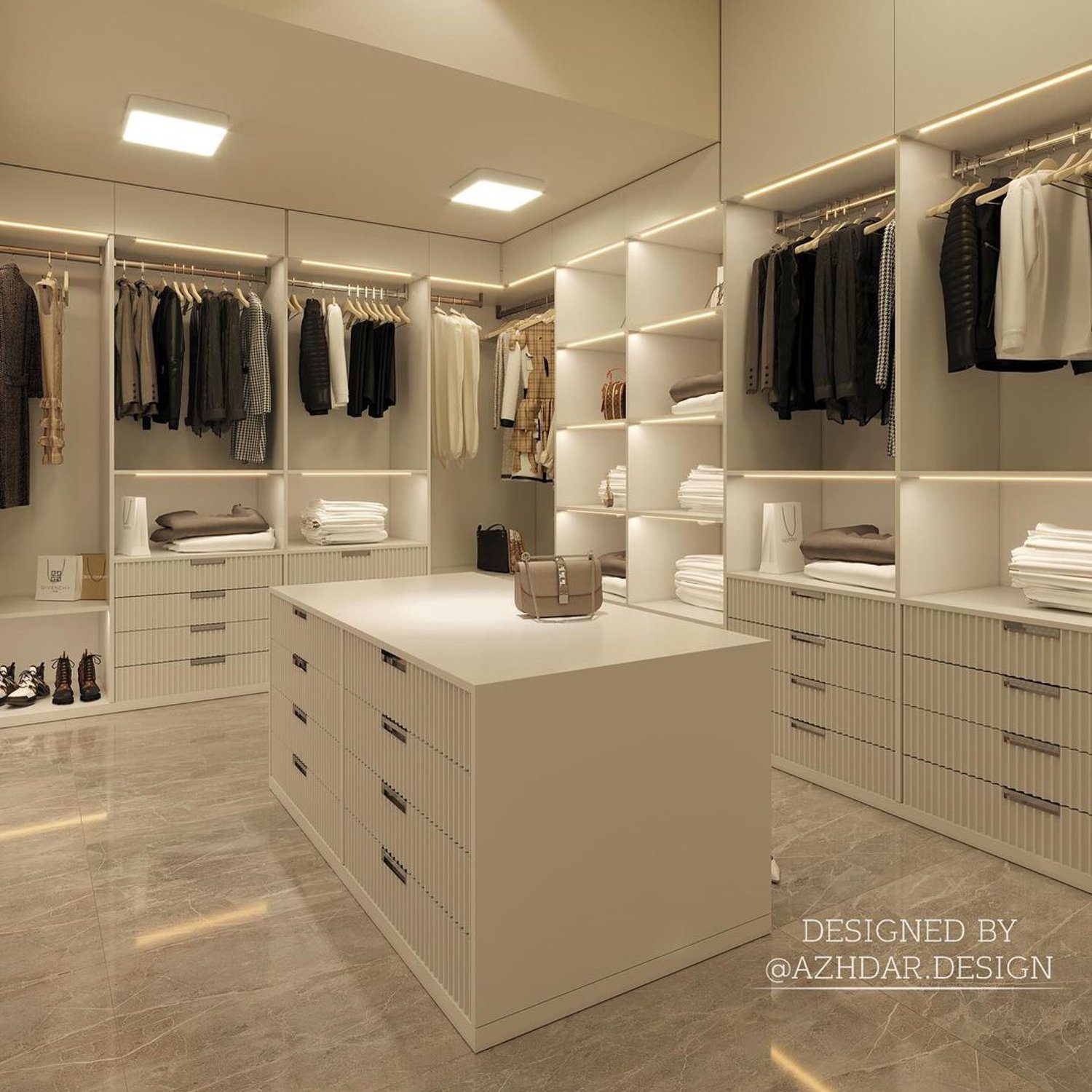 Elegantly organized walk-in closet with strategic lighting