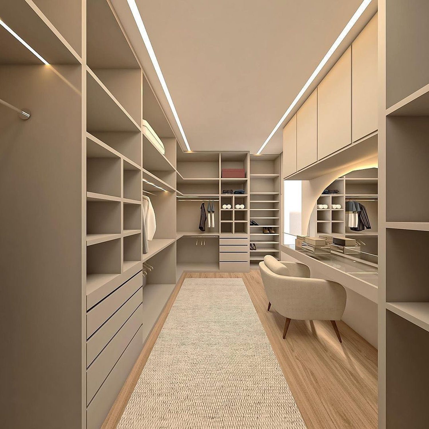 Elegant walk-in closet featuring tailor-made shelving and a cozy seating area.