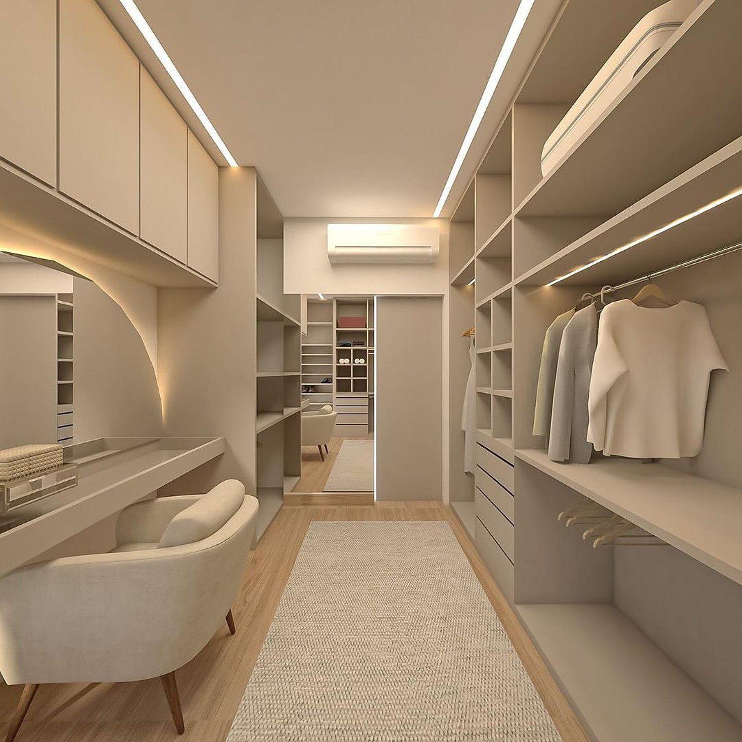 Elegantly organized walk-in closet with ambient lighting