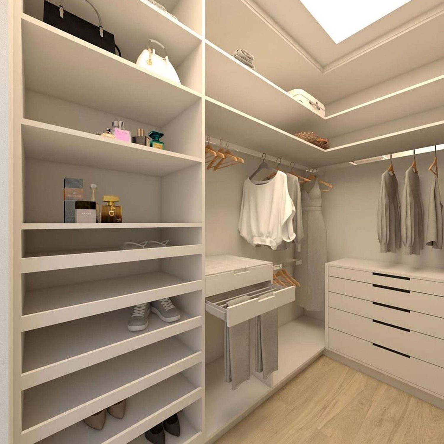 Elegant walk-in closet with optimally organized storage solutions